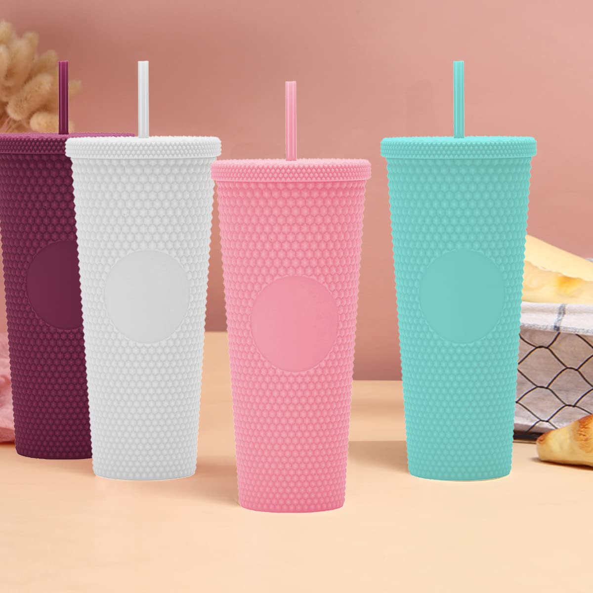 Essasea 24Oz Diy Studded Tumbler.Matte White Studded Tumbler With Lid And Straw.Reusable Double Walled Insulated Travel Tumbler.