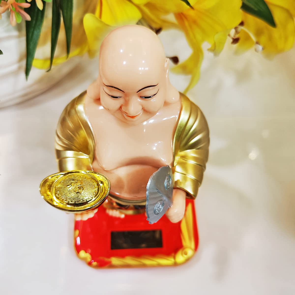 Shubhanjali Feng Shui Waving Fan and Ignot with Solar Laughing Buddha Statue for Home Decor Items Car Dashboard Accessories Gift