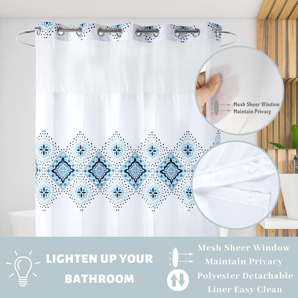 Ecoehoe 71'' W X74 H Hotel Grade Fabric Hook Free Shower Curtain With Replacement Magnets Liner White&Blue Boho Style -100% Wate