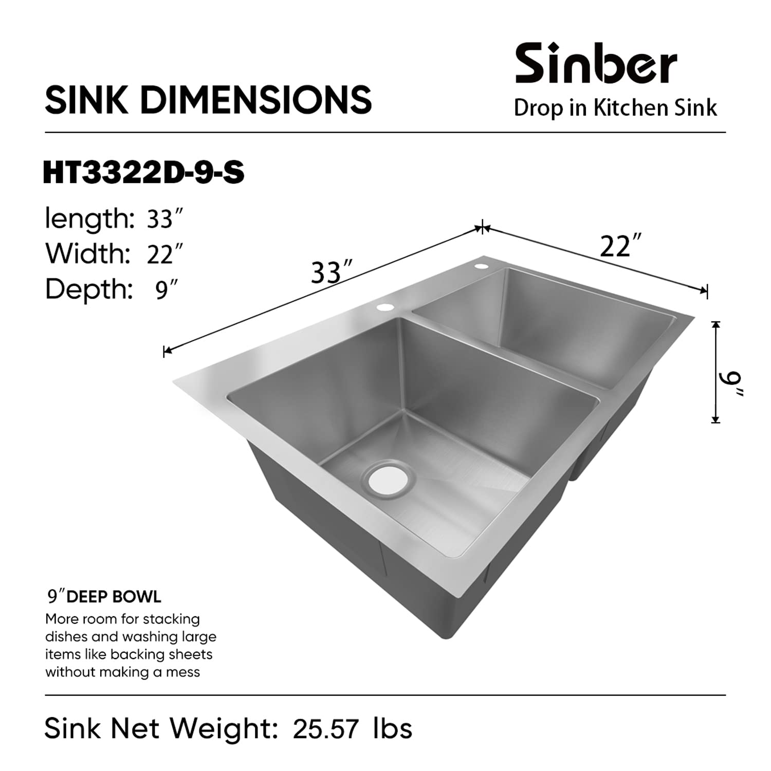 Sinber 33'' X 22'' X 9'' Drop In Double Bowl Kitchen Sink With 18 Gauge 304 Stainless Steel Satin Finish Ht3322D-9-S (Sink Only)
