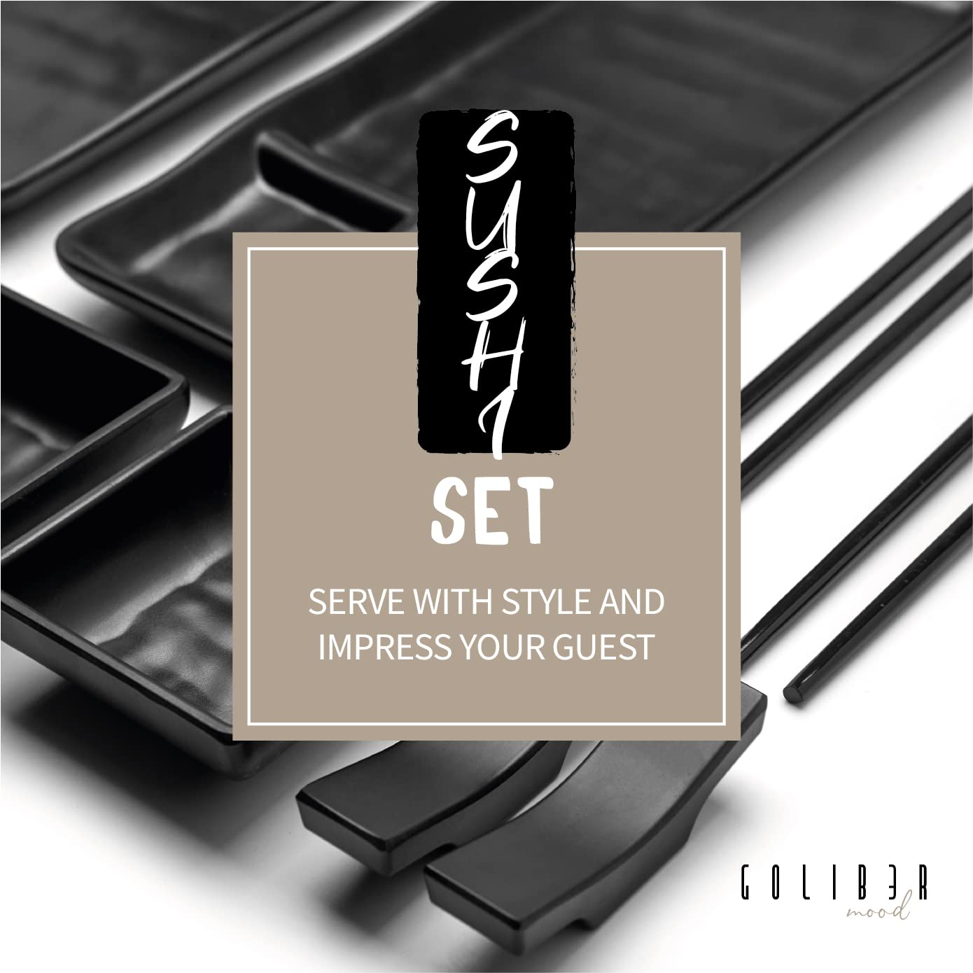Goliber 16 Pc. Japanese Sushi Plate Set With Plates, Soy Sauce Bowls, Chopsticks And Holders, Melamine Tableware Serving Dishes