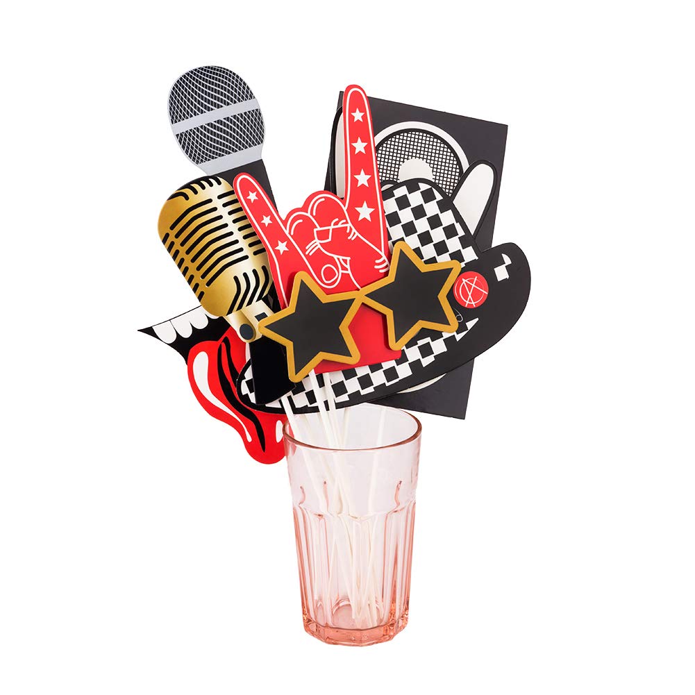 SUNBEAUTY 18 Pcs Rock and Roll Birthday Party Decorations Music Note Guitar Star Photo Booth Props Music Theme Party Supplies
