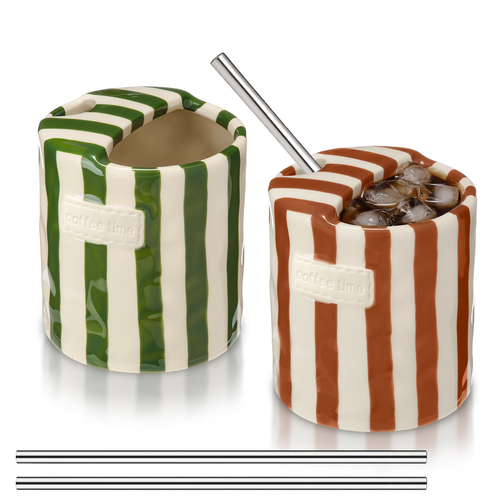 Ferrochef 2 Pack Ceramic Coffee Mug with Sip Hole Espresso Cup 10oz with Straws Retro Hand Painted Striped Ceramic Coffee Tea Tr