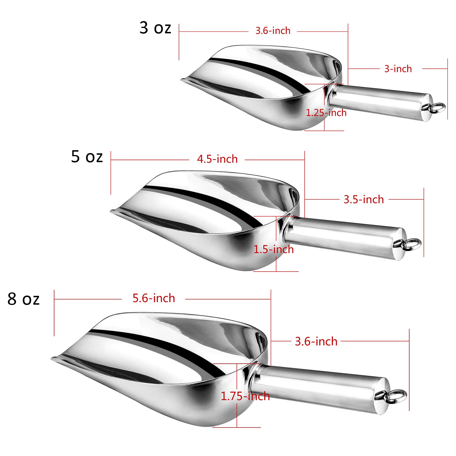 Stainless Steel Scoop Set Of 3 (3-5-8 Ounce), E-Far Small Metal Scoops For Candy/Flour/Dry Goods/Sugar/Ice Cube, Heavy Gauge Kit