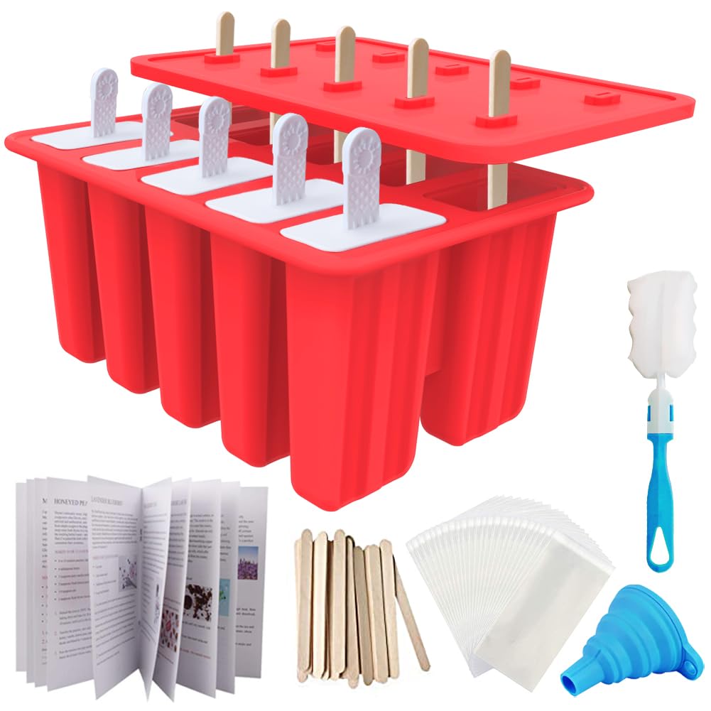 Miaowoof Homemade Popsicle Molds, 10-Cav Non-Bpa Silicone Ice Pop Maker, With 50 Sticks, 50 Bags, 10 Reusable Sticks, Funnel, Br