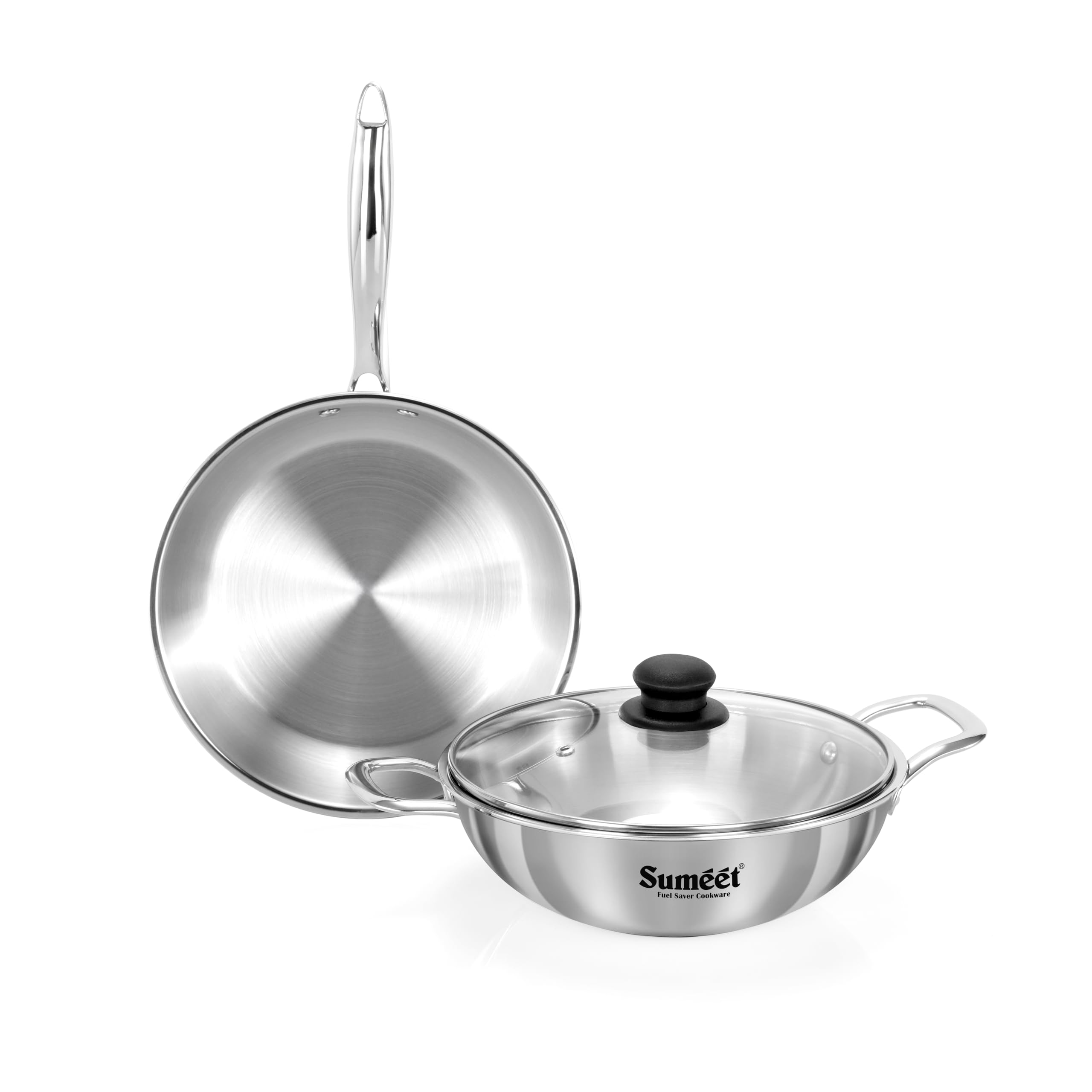 Sumeet Cook Smart Triply Stainless Steel 3Pc Induction Base Cookware Set Of Deep Kadai - 20Cm - 1.7L  Frypan - 20Cm - 1 Ltr & Glass Lid  Pack Of 3  Silver