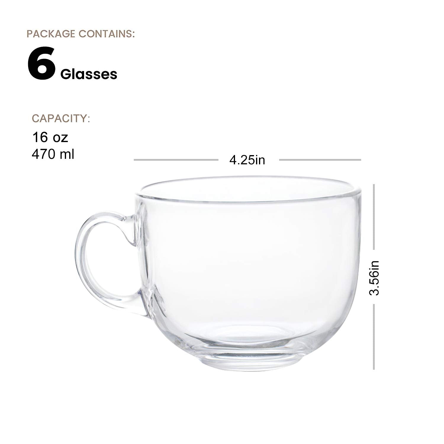 Maredash 16Oz Glass Jumbo Mugs With Handle For Coffee, Tea, Soup,Clear Drinking Cup,Set Of 6
