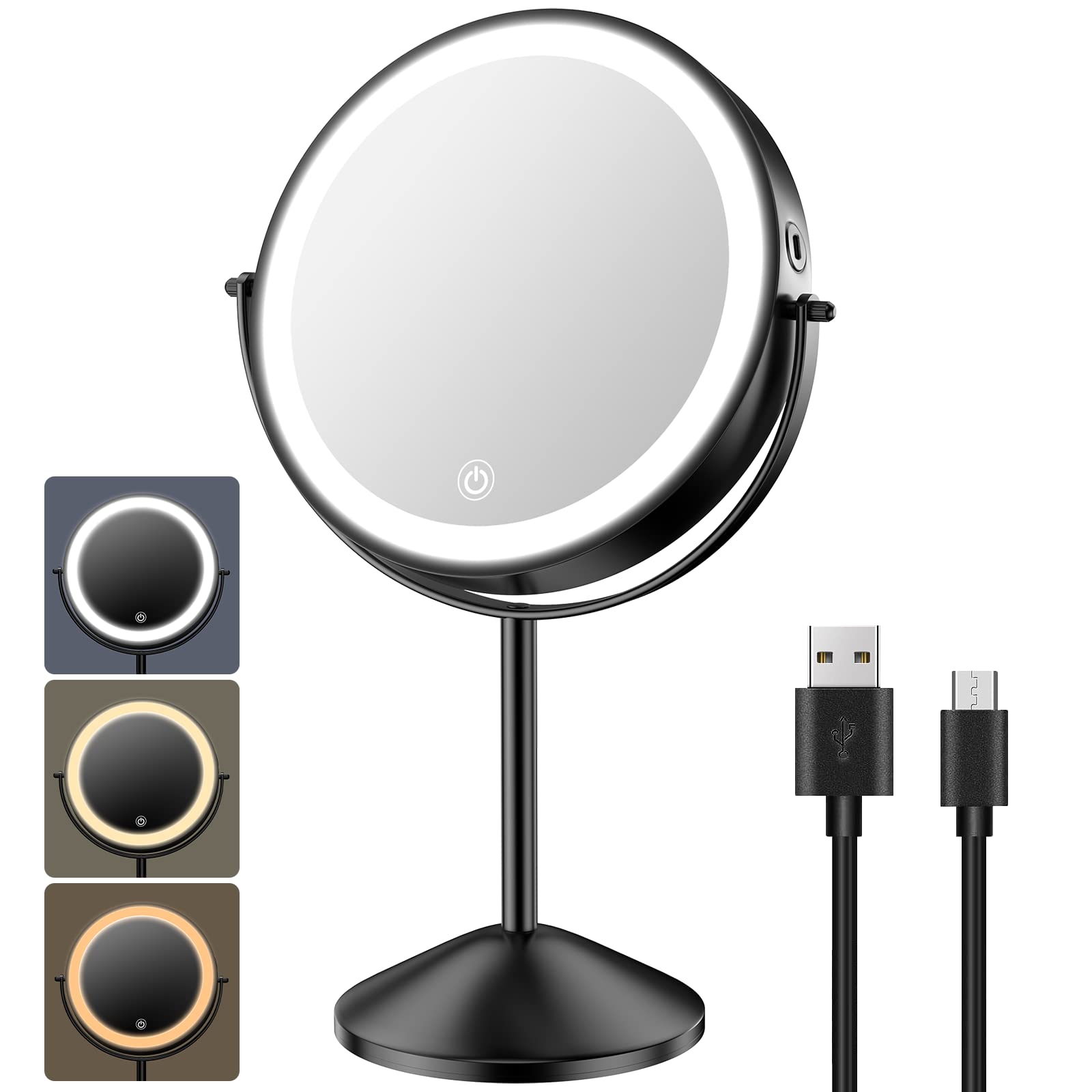 Benbilry 8'' Lighted Makeup Vanity Mirror With 3 Color Dimmable Lights, 1X/10X Magnifying Rechargeable Double Sided Cosmetic Mir