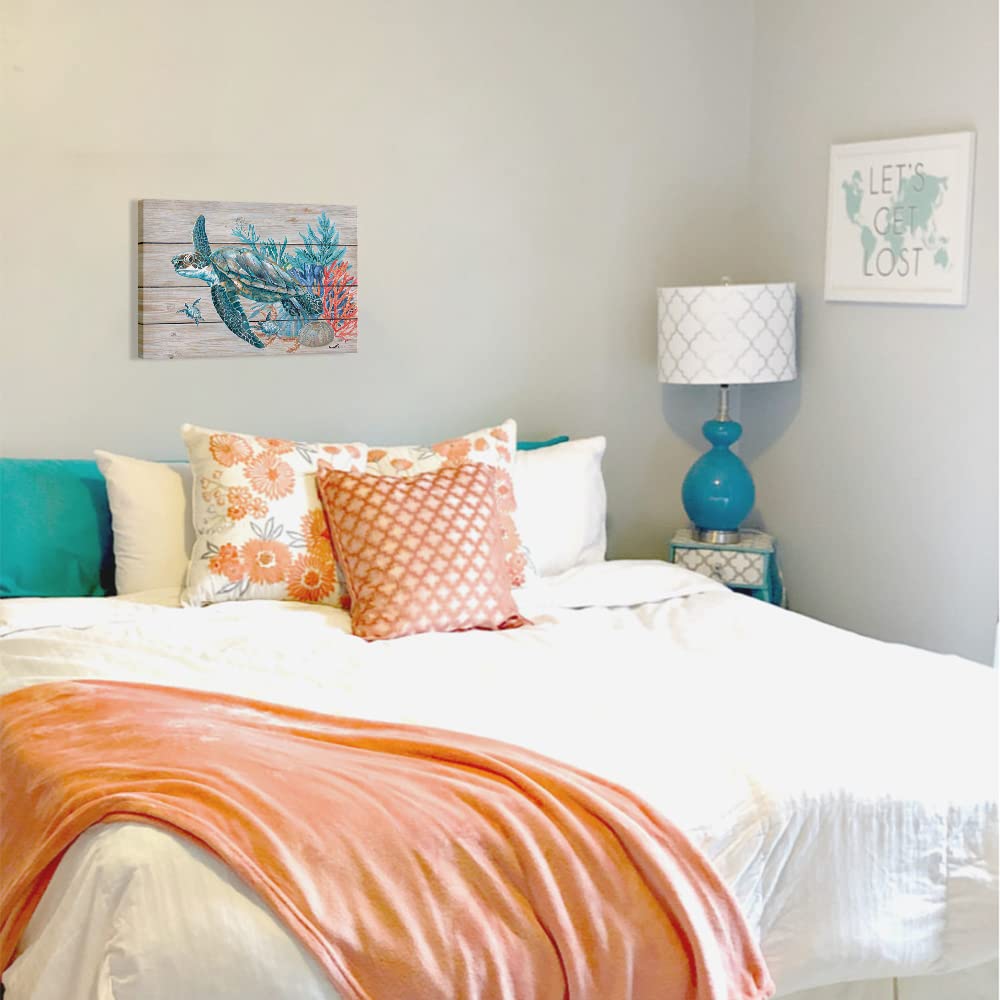 Teal Bathroom Decor Wall Art, Beach Turtle Swim Under The Ocean With Coral And Turquoise Seagrass On Rustic Wood Panel Backgroun