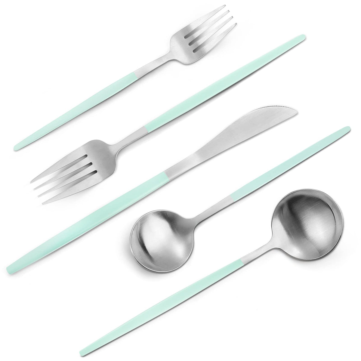 Vanvro Matte Green Silver Silverware Set, 20-Piece Stainless Steel Flatware Set, Satin Finish Tableware Cutlery Set, Service For
