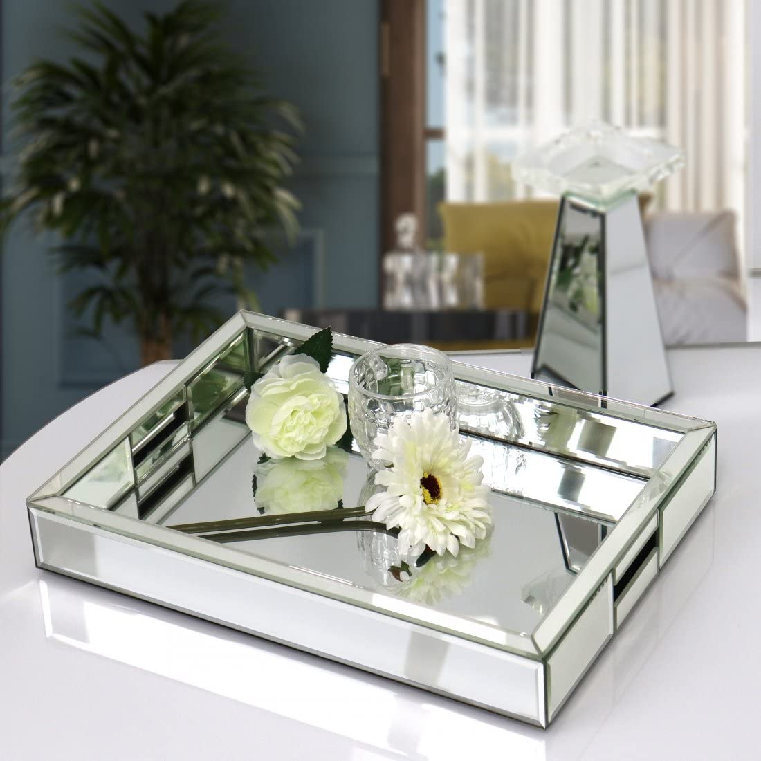 Rectangle Silver Mirror Decorative Tray Size 11?Length x 14?Width x 2?Height  Mirrored Vanity Organizer with Hand  Markup Perfume Jewelry Tray for Bathroom Bedroom Dresser Coffee Table qmdecor
