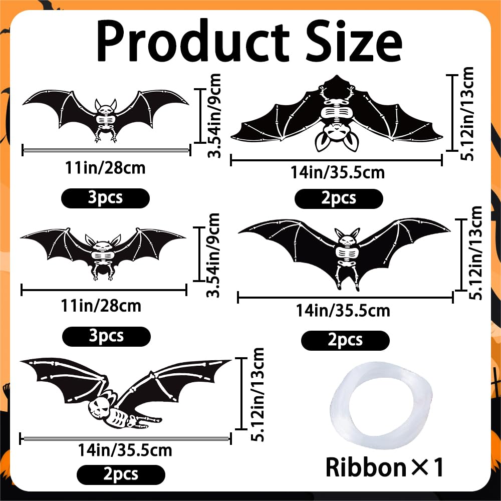 Vellibring 12PCS Halloween Hanging Bats Decorations, Large Plastic Flying Bats with Realistic Scary Glowing Skeleton Bats for Ha