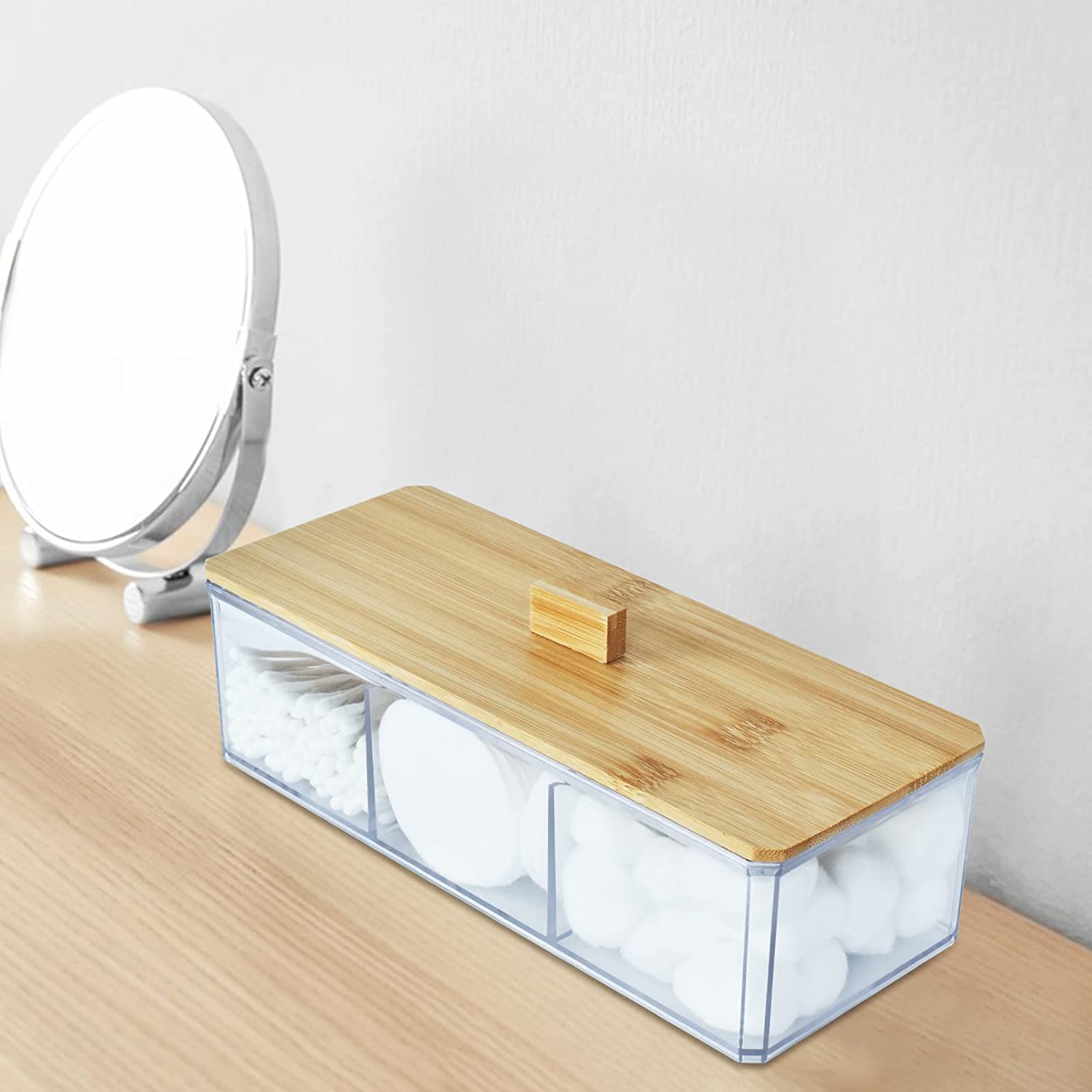 Acrylic Qtip Holder Dispenser With Wood Lid, 3 Compartment Cotton Ball Holder, Bathroom Organizer For Q Tip, Cotton Swab And Cot