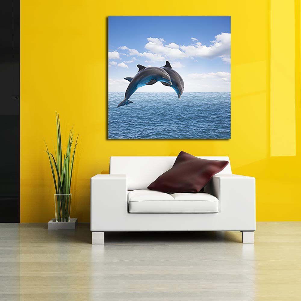 Pitaara Box Two Jumping Dolphins | Peel & Stick Vinyl Wall Sticker for Bedroom & Living Room | 42 x 42 inch (107 x 107 cms)