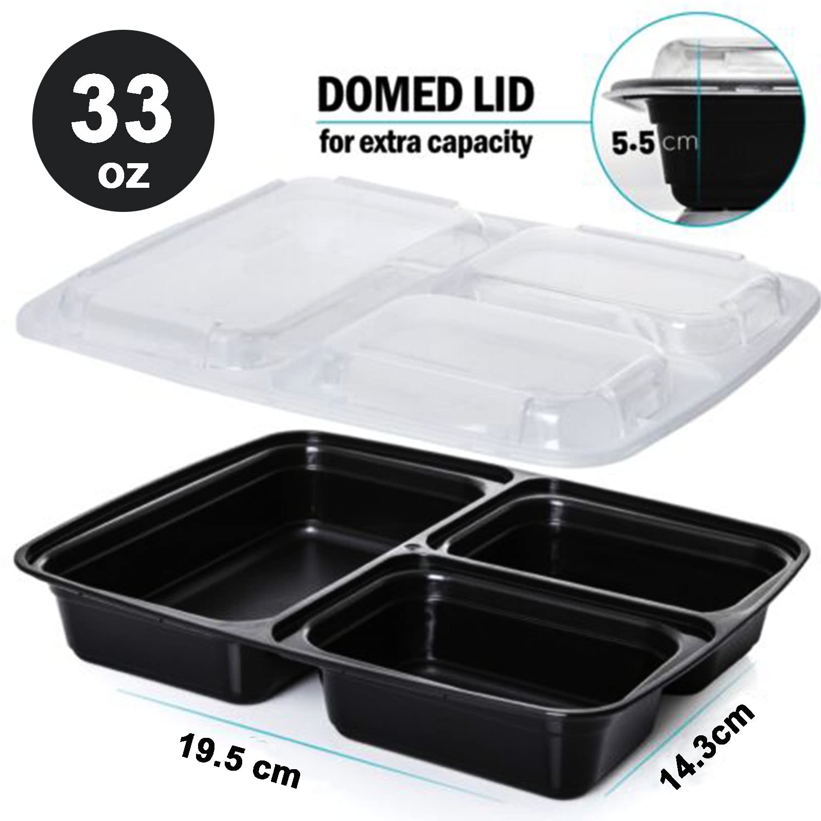 Morden Ms Meal Prep Container With Lids, 50 Pack 3 Compartment Reusable Food Storage Container Divided Plastic Bento Box Lunch B