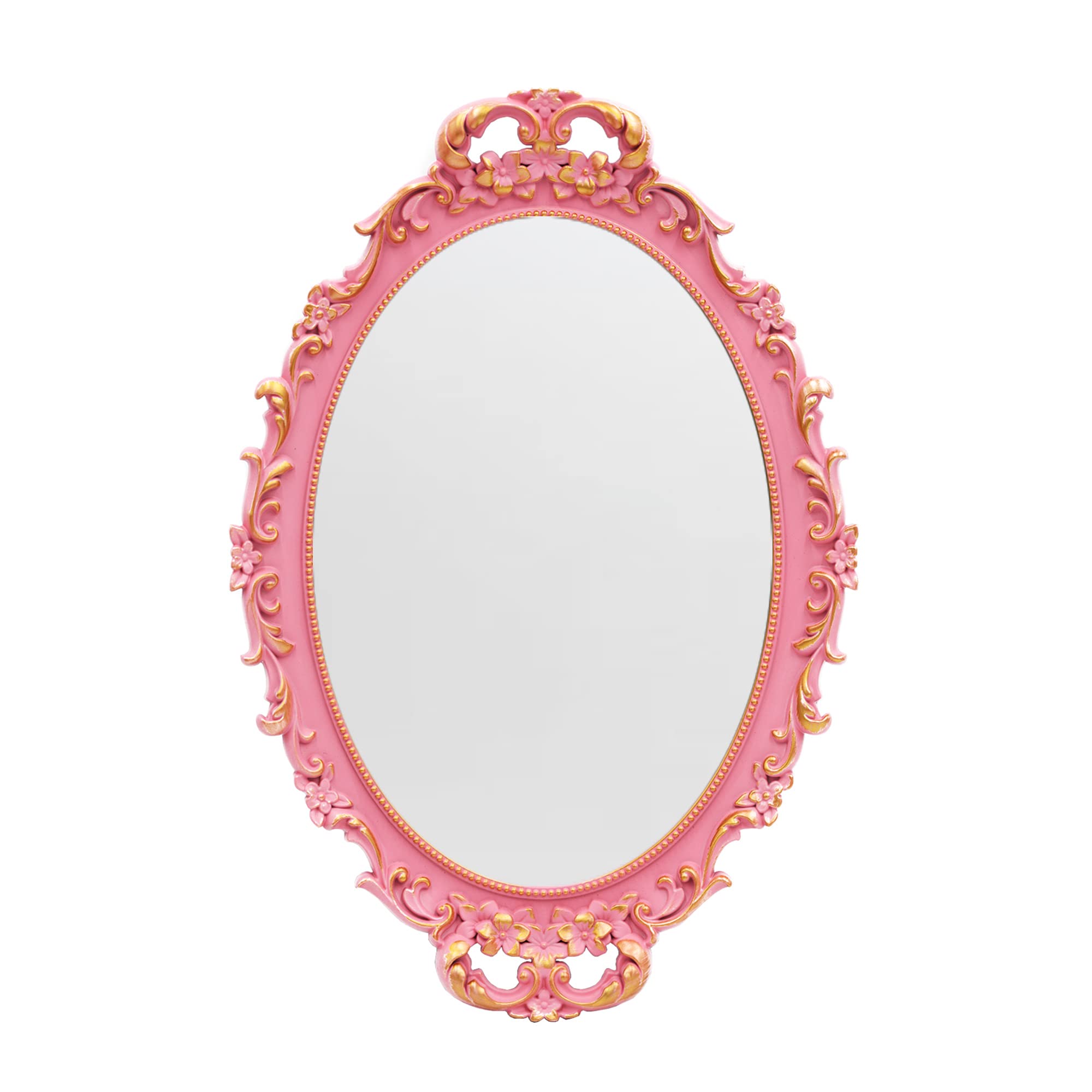 Tstarer Vintage Decorative Pink Framed Mirror, Wall Hanging Mirrors & Tabletop Tray for Bedroom Living Room Dresser Decor, Oval-