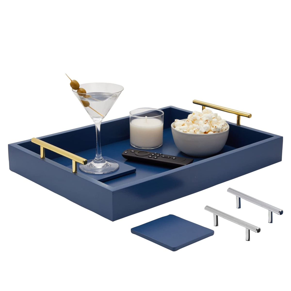 White Serving Tray For Coffee Table, 16X12 With Coasters, Decorative Interchangeable Gold And Silver Handles