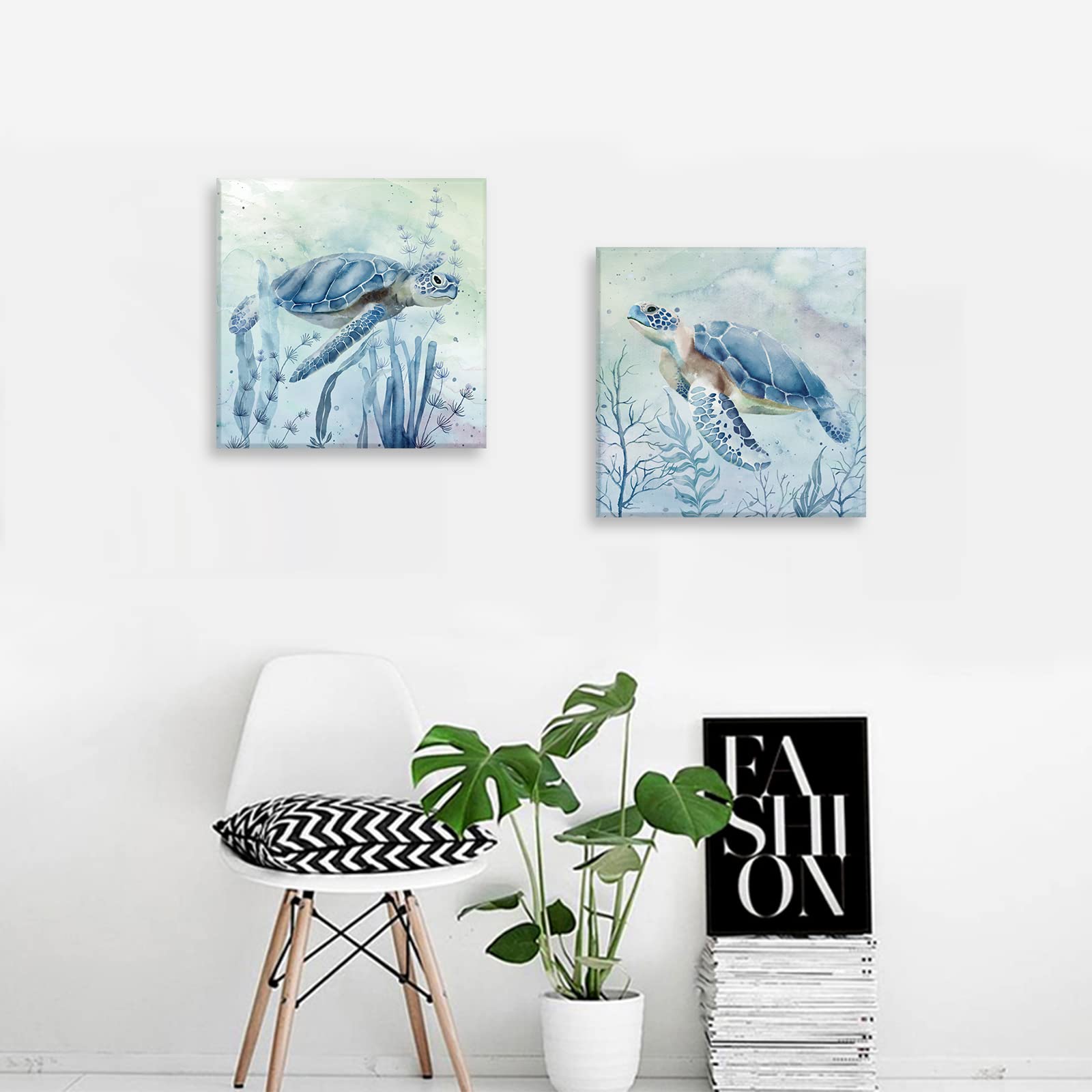 Zessonic Sea Turtle Wall-Art For Bathroom Decor - 2 Panel Set Of 12 X 12 Inch Teal Sea Turtle With Seagrass Prints