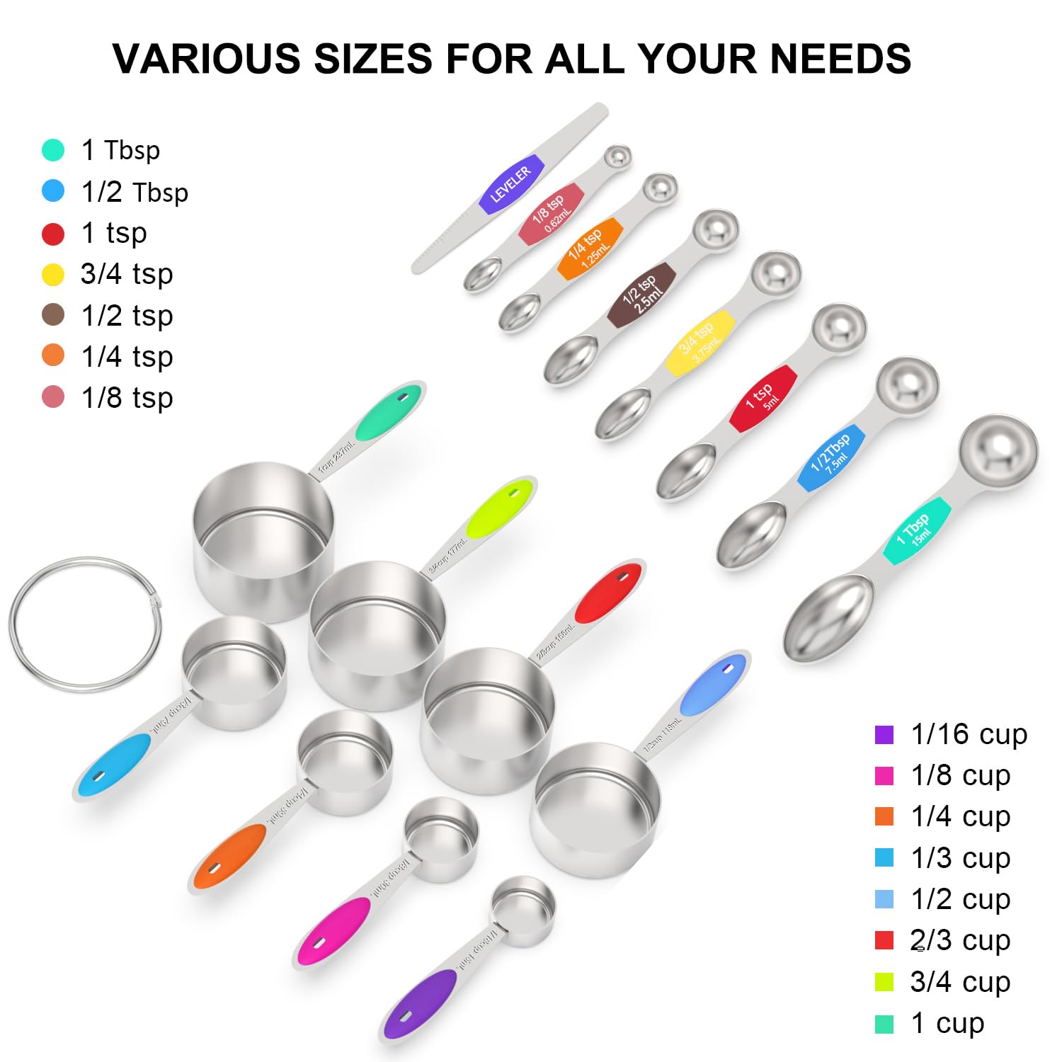 Measuring Cups And Magnetic Measuring Spoons Set, Wildone Stainless Steel 8 Measuring Cups, 7 Double Sided Stackable Magnetic Me
