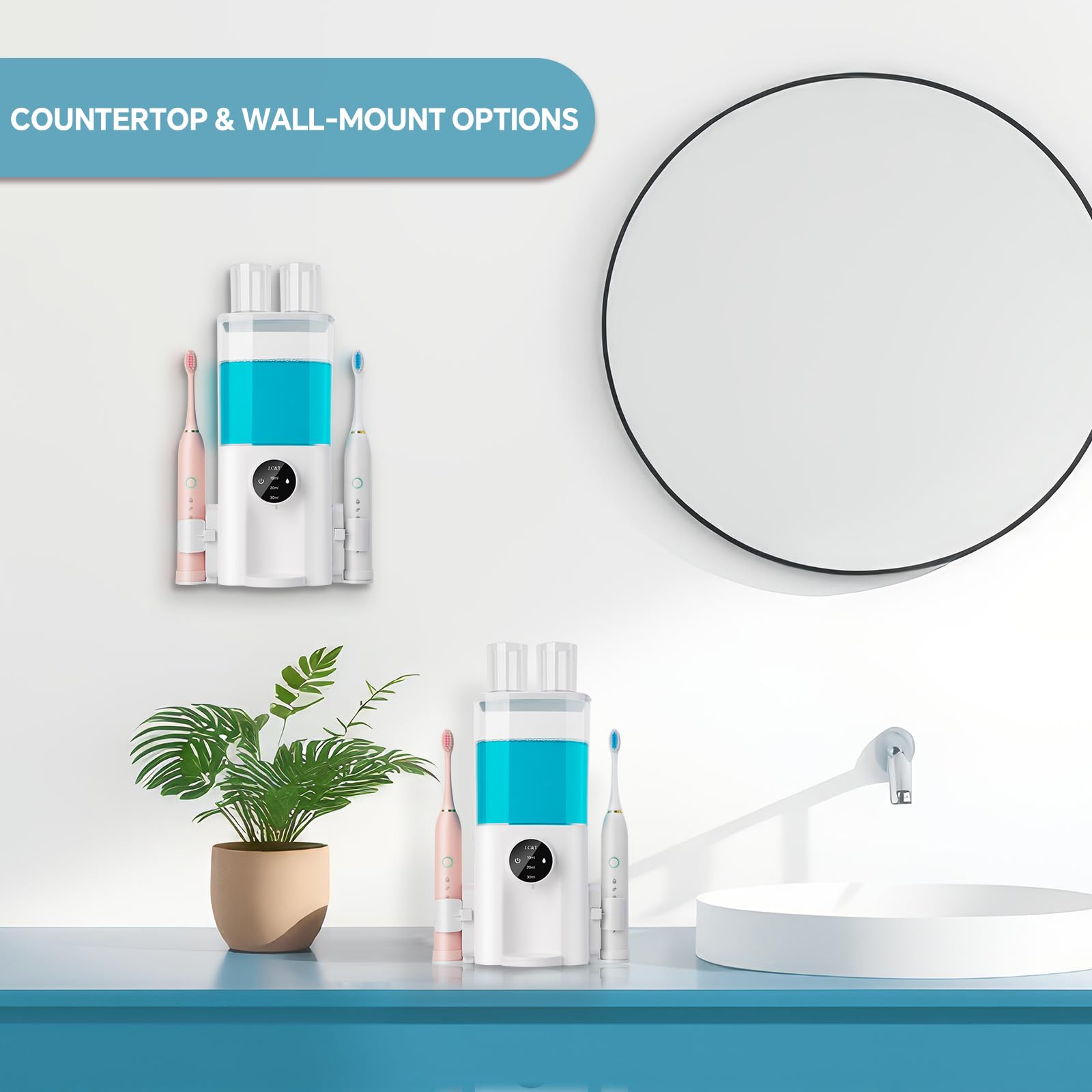 J.C&T Automatic Mouthwash Dispenser For Bathroom,21.98 Floz (650Ml) Dispensers With Magnetic Cups,Toothbrush Holders Wall Mounte
