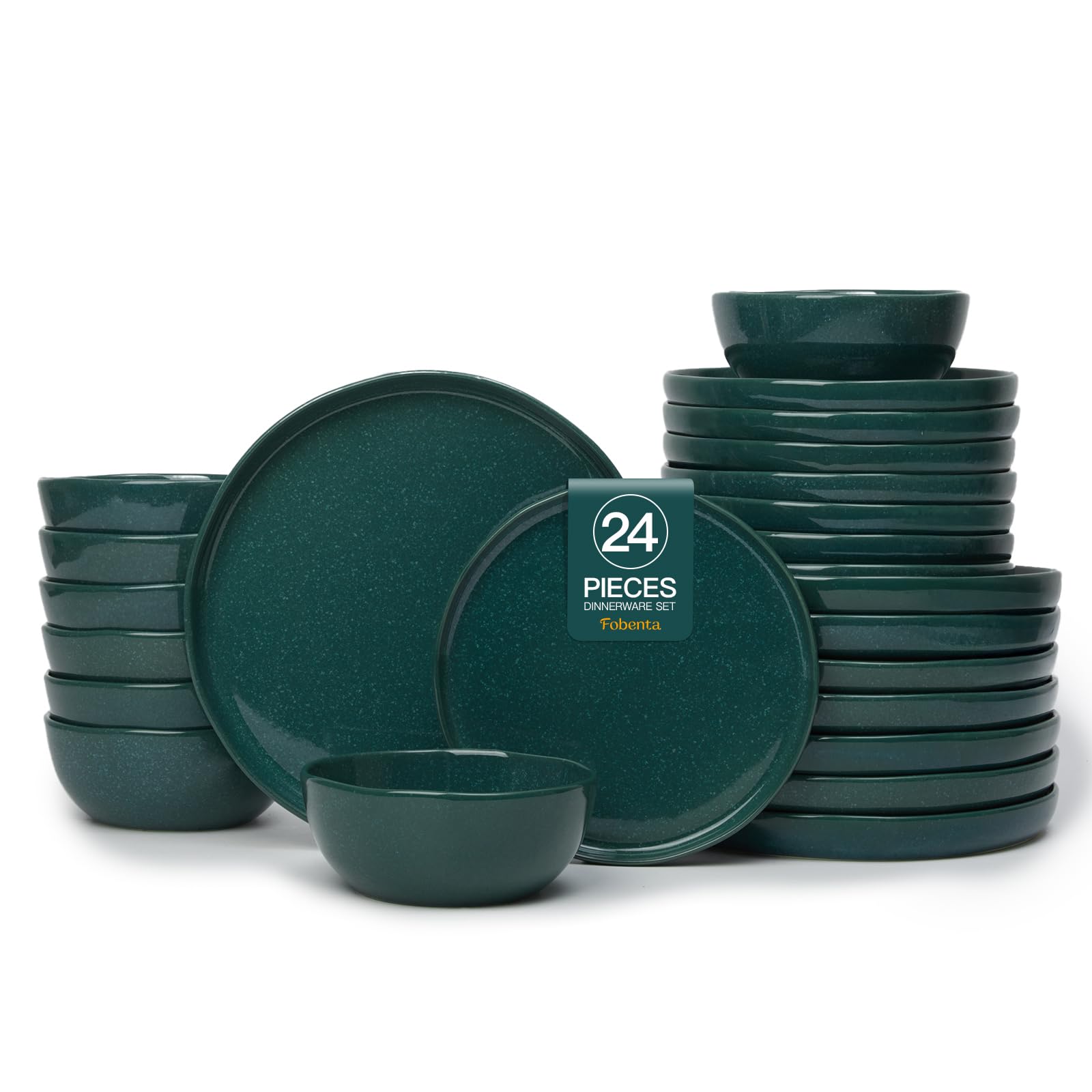 FOBENTA 24-Piece Ceramic Dinnerware Set,Moss Green Plates and Bowls Set for 8 - Naturally Elegant Dish Set for Serene Hosting & 