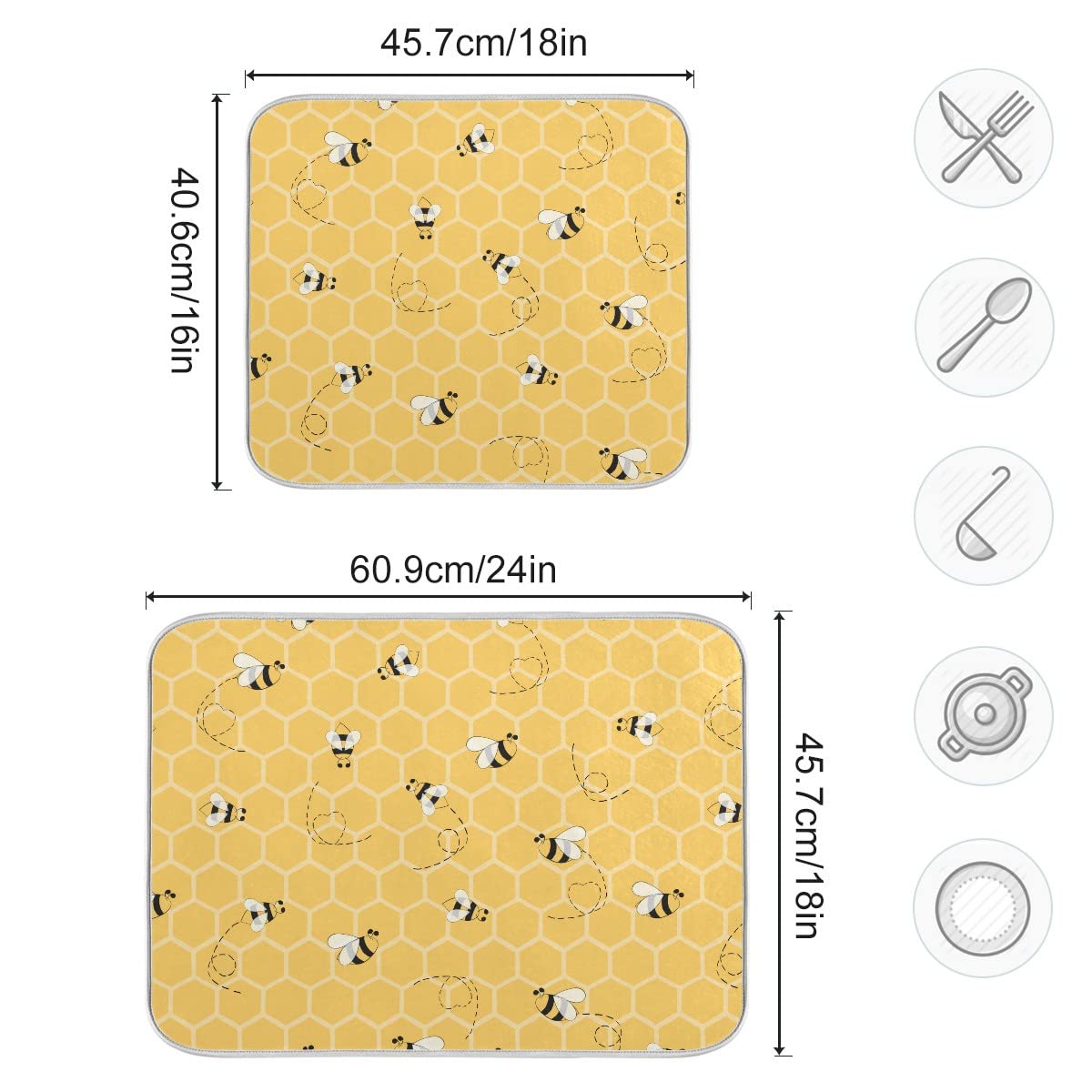 Funny Bees Honey Dish Drying Mat 18X24 For Kitchen Counter Yellow Bumblebee Beehive Dishes Pad Absorbent Fast Dry Dish Draining