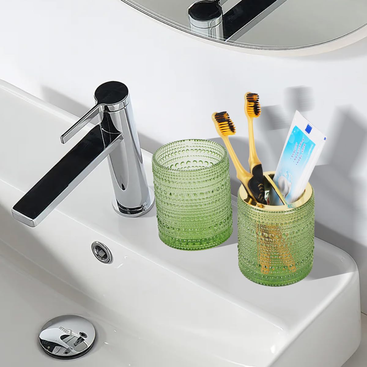 Tonxus Green Toothbrush Holders,2Pcs Glass Toothbrush Holder Set,Clear 10Oz Bathroom Tumbler,Gold Toothbrush And Toothpaste Cup