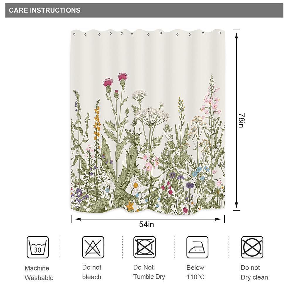 Riyidecor Fabric Wildflower Floral Flower Shower Curtain for Bathroom Decor 54Wx78H Inch Green Leaves Botanical Decorative Bath Set Plant Herbs Bathroom Accessories Polyester Waterproof 12 Pack Hooks