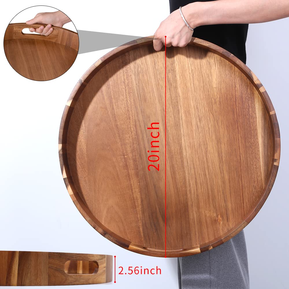Round Wooden Serving Tray With Handles,20'' Large Diameter Wood Serving Trays For Ottoman,Rustic Acacia Wood Circle Tray For Eat