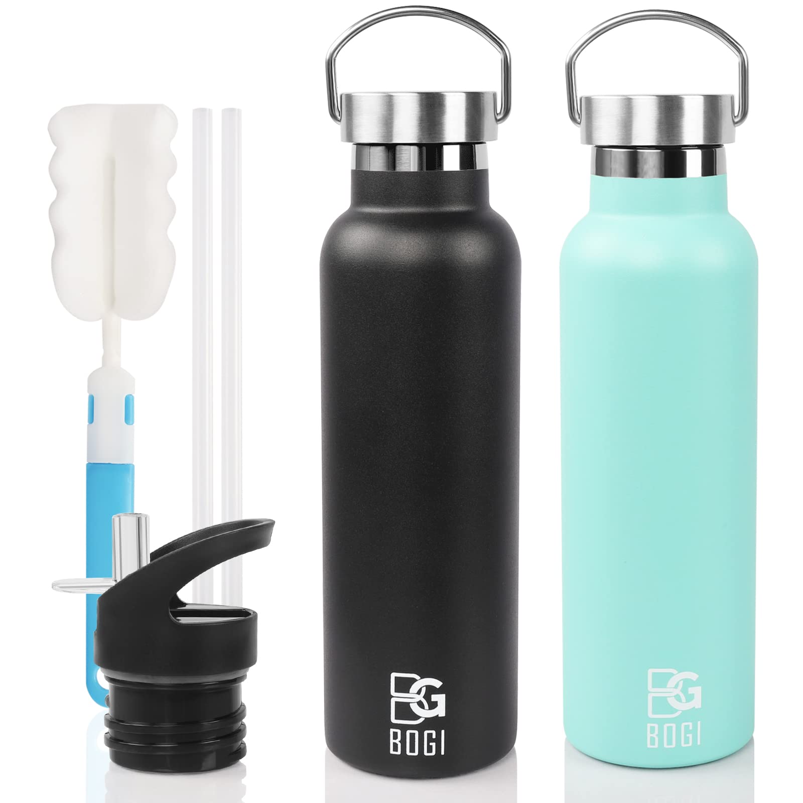 Bogi Stainless Steel Water Bottle, 2 Pack 20Oz Vacuum Insulated Water Bottle With Straw Lid, Bpa Free Leakproof Wide Mouth Water
