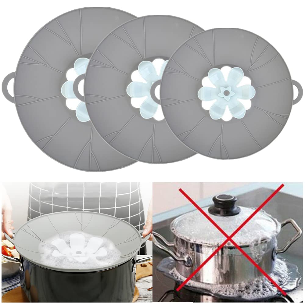URMONA Spill Stopper Lid Cover, 3 PCS Boil Over Safeguard, Silicone Microwave Splatter Lid for Food, MultiFunction Cooking Tool