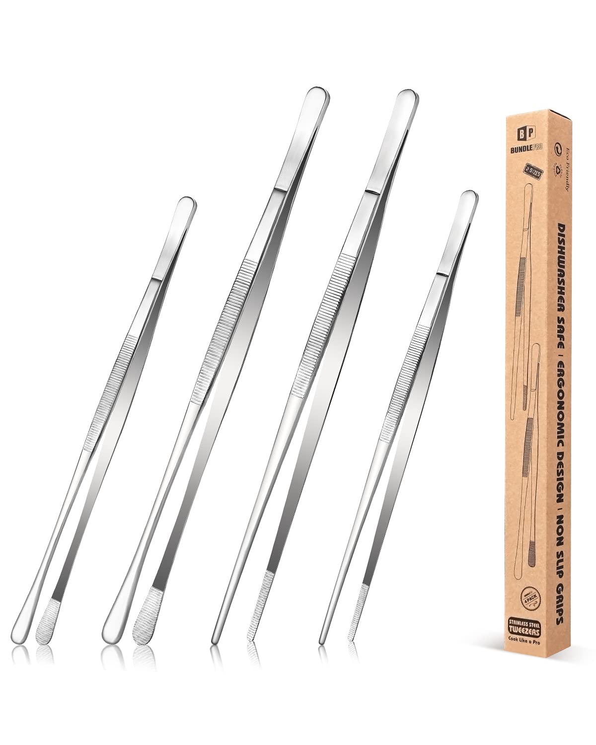 4 Pcs Fine Long Tweezer Tongs Professional Black, 12'' And 10'' Stainless Steel For Kitchen, Food, Cooking, Repairing, Sea Food