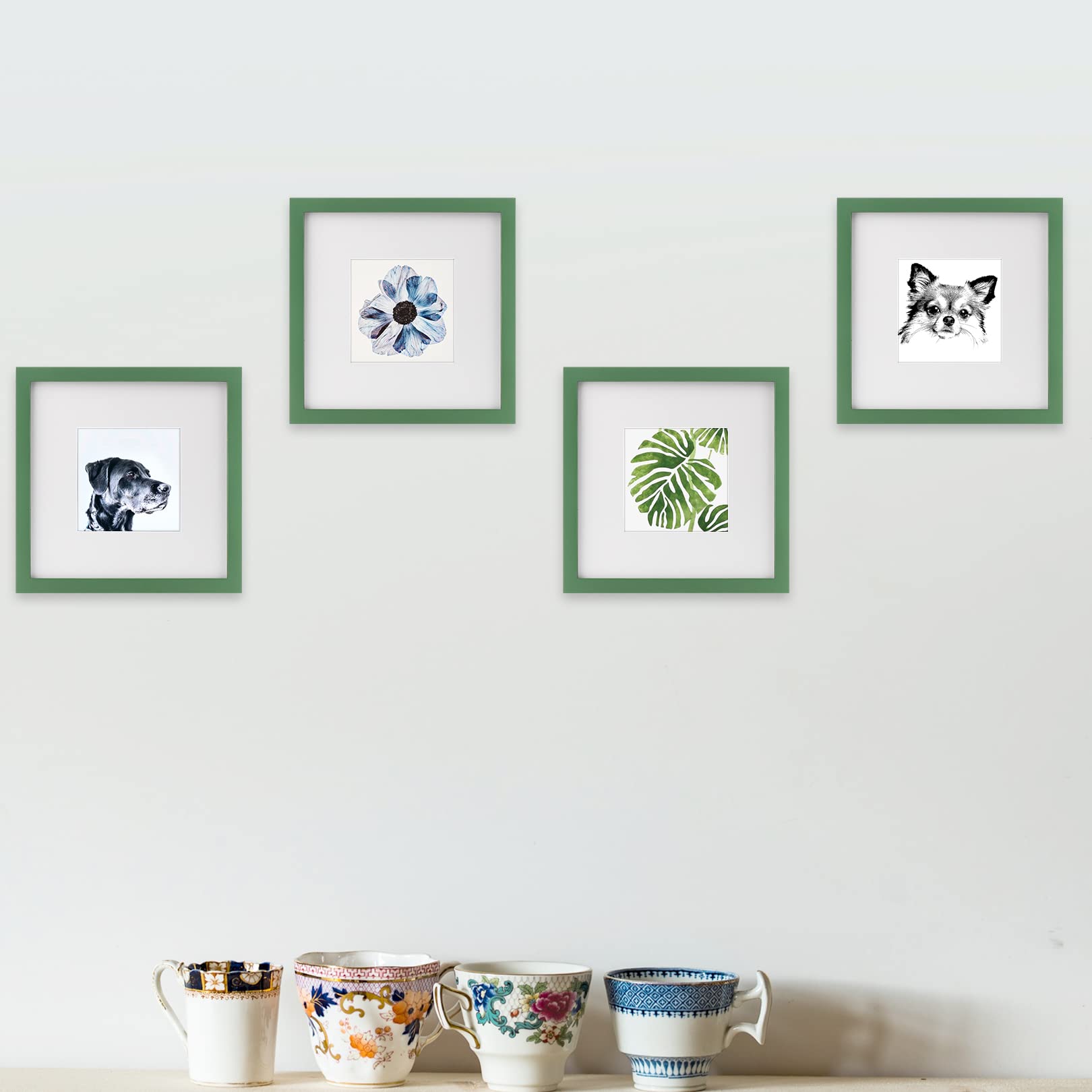 8x8 Green Picture Frames Square Nature Solid Wood 4 Pack for Wall Mounting and Tabletop Display