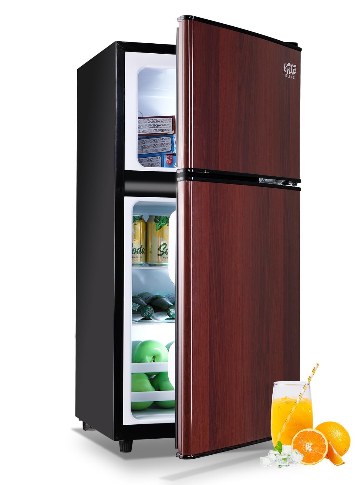 KRIB BLING Refrigerator with Freezer 3.5 Cu.Ft with 7 Level Adjustable Thermostat Control 2 Door Energy Saving Top-Freezer Compa