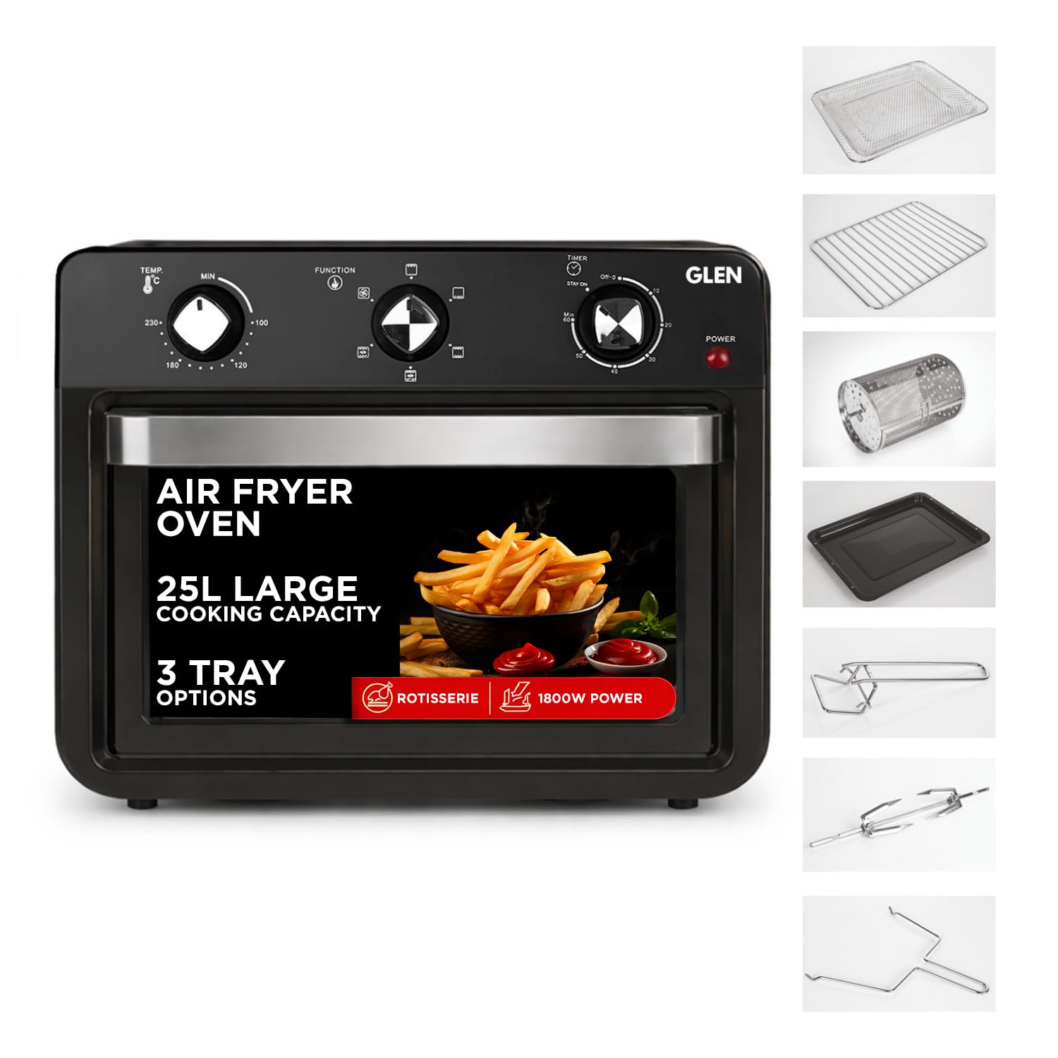Glen Large Air Fryer Oven 25L 1800W, With Rotisserie, 6 Functions, Time & Temp Control, 3 Trays & 4 Accessories | All In One Air