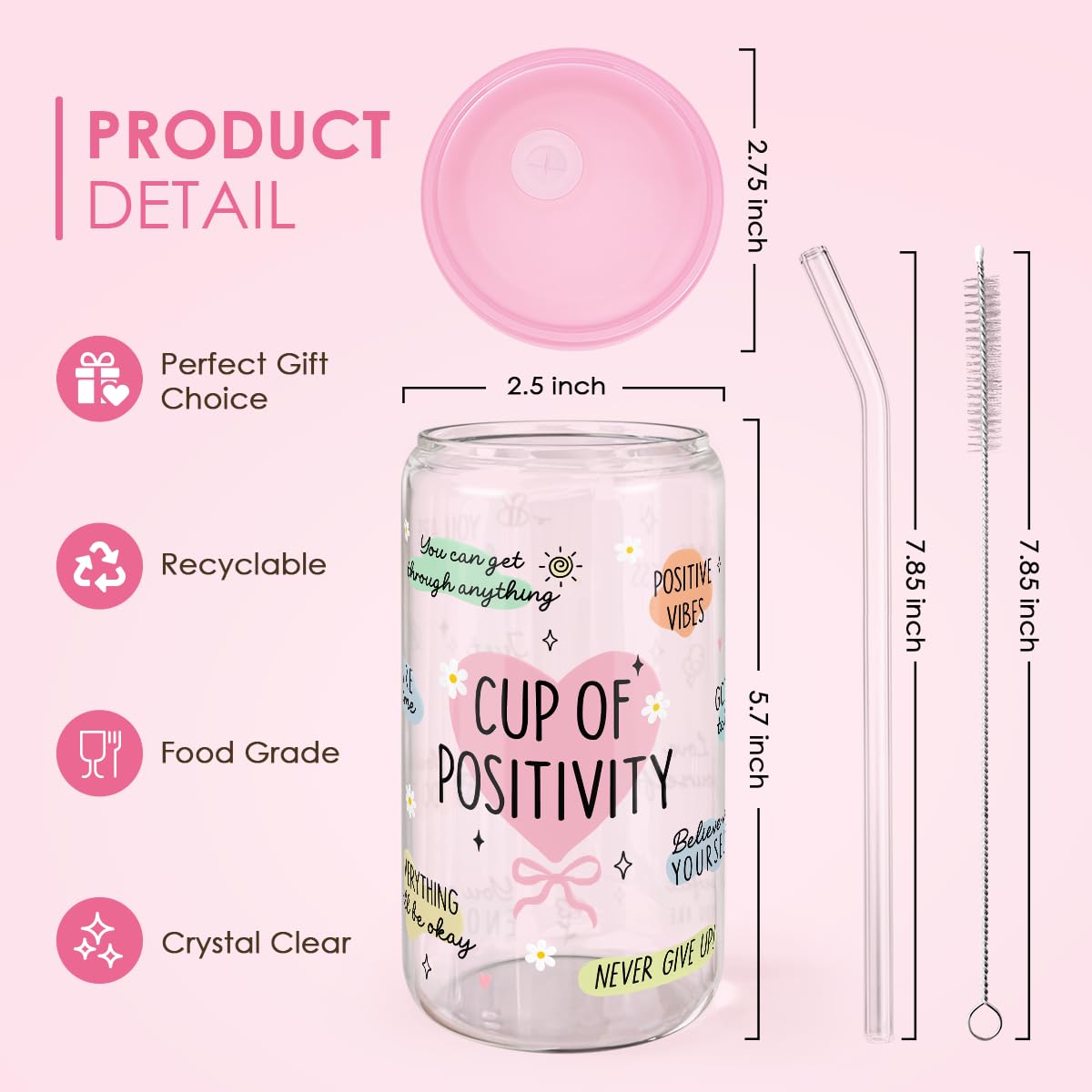 SANDJEST Inspiration Gifts - Glass Tumbler 16oz with Acrylic Lid and Straw - Iced Coffee Cups for Women, Aesthetic Glass Cup Gif