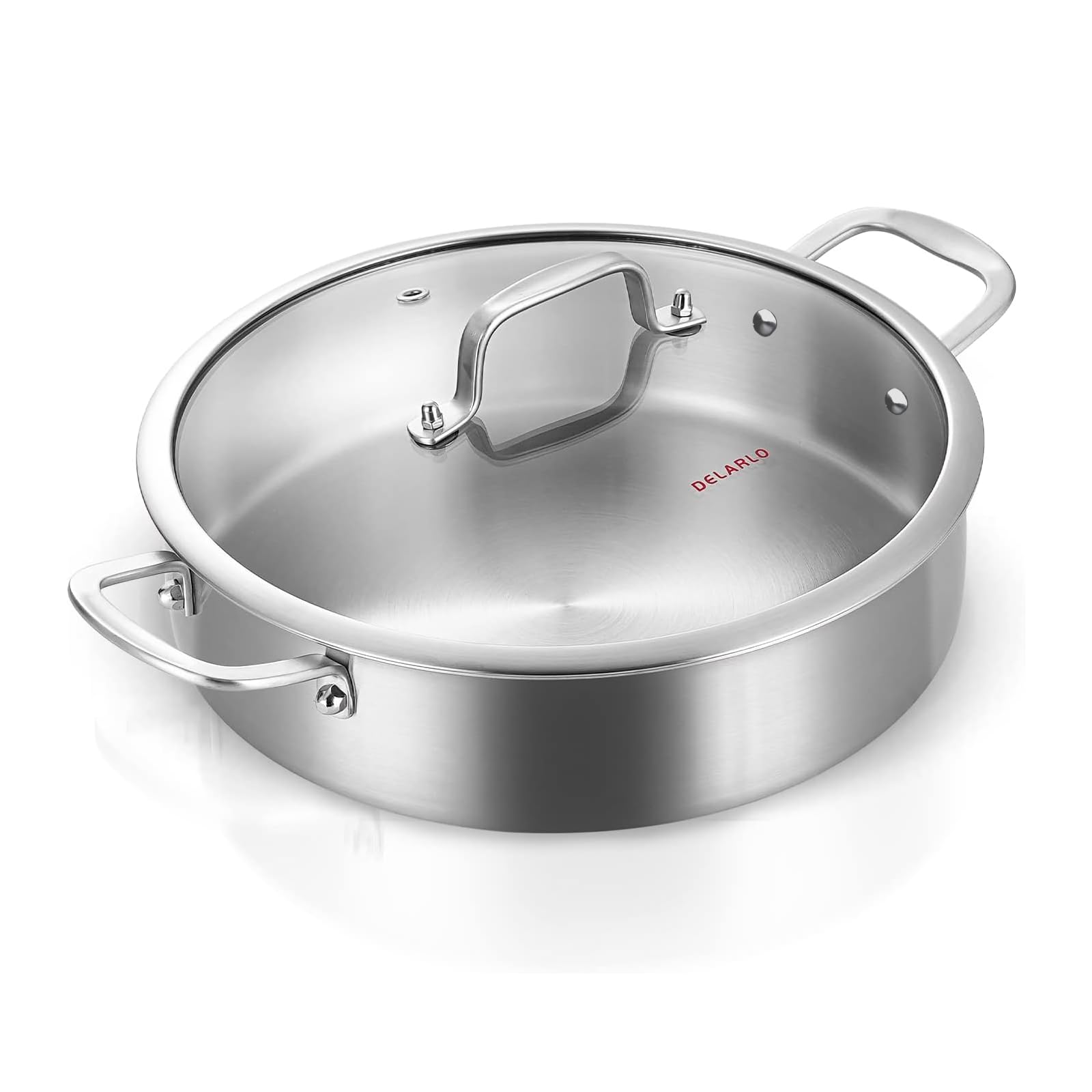 Delarlo Tri-Ply Stainless Steel Saute Pan 6 Quarts Deep Frying Pan, Induction Compatible Chef Cooking Pan, Saut Pan With Lid, Di