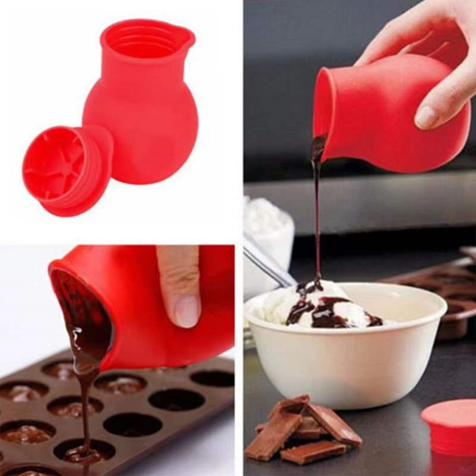Dd-Life 3 Pcs Silicone Chocolate Melting Pot, Butter Sauce Milk Microwave Baking Pouring Tool (Red)