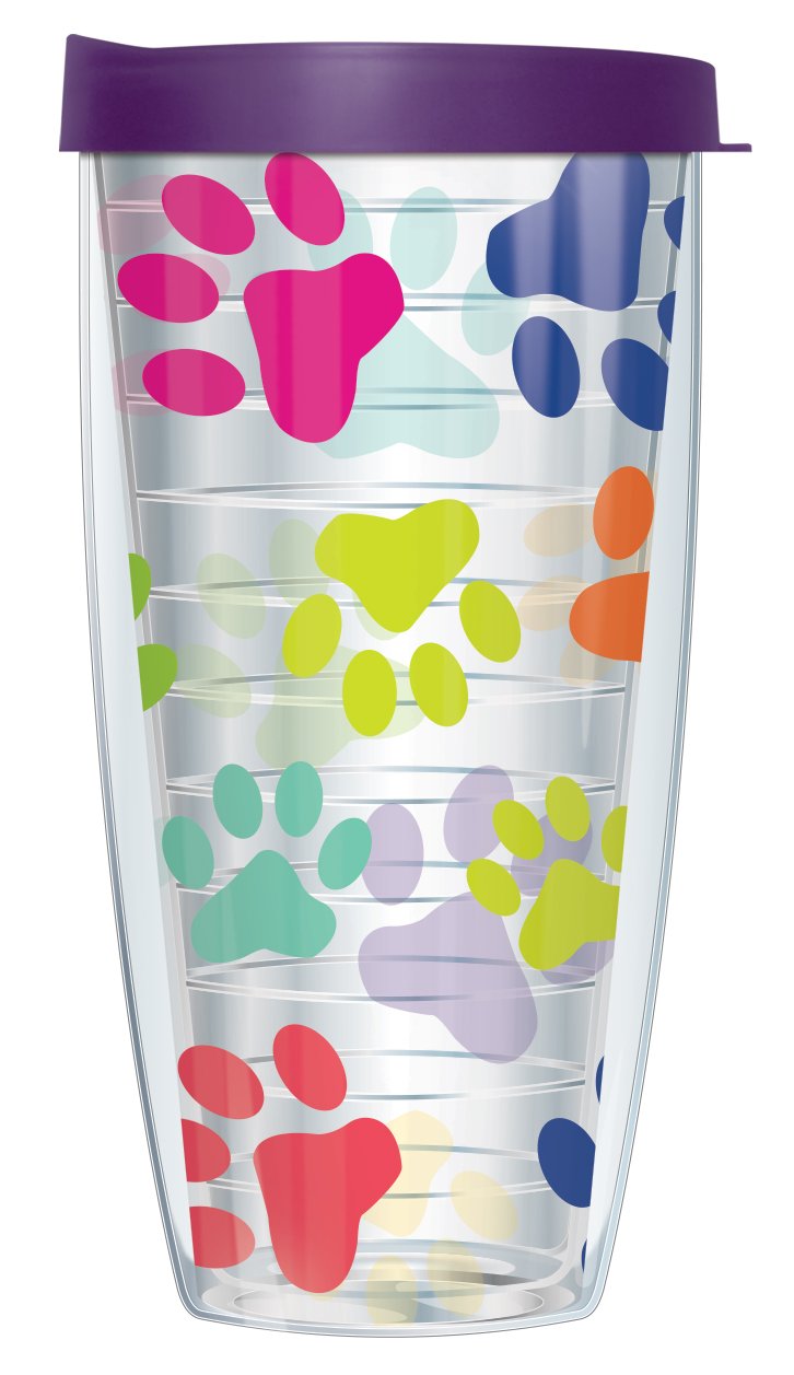Colorful Paw Prints Wrap On Clear W/Eggplant Purple Lid Tumbler Cup 22 Oz | Fantastic Temperature Retention, Thermal Insulated!
