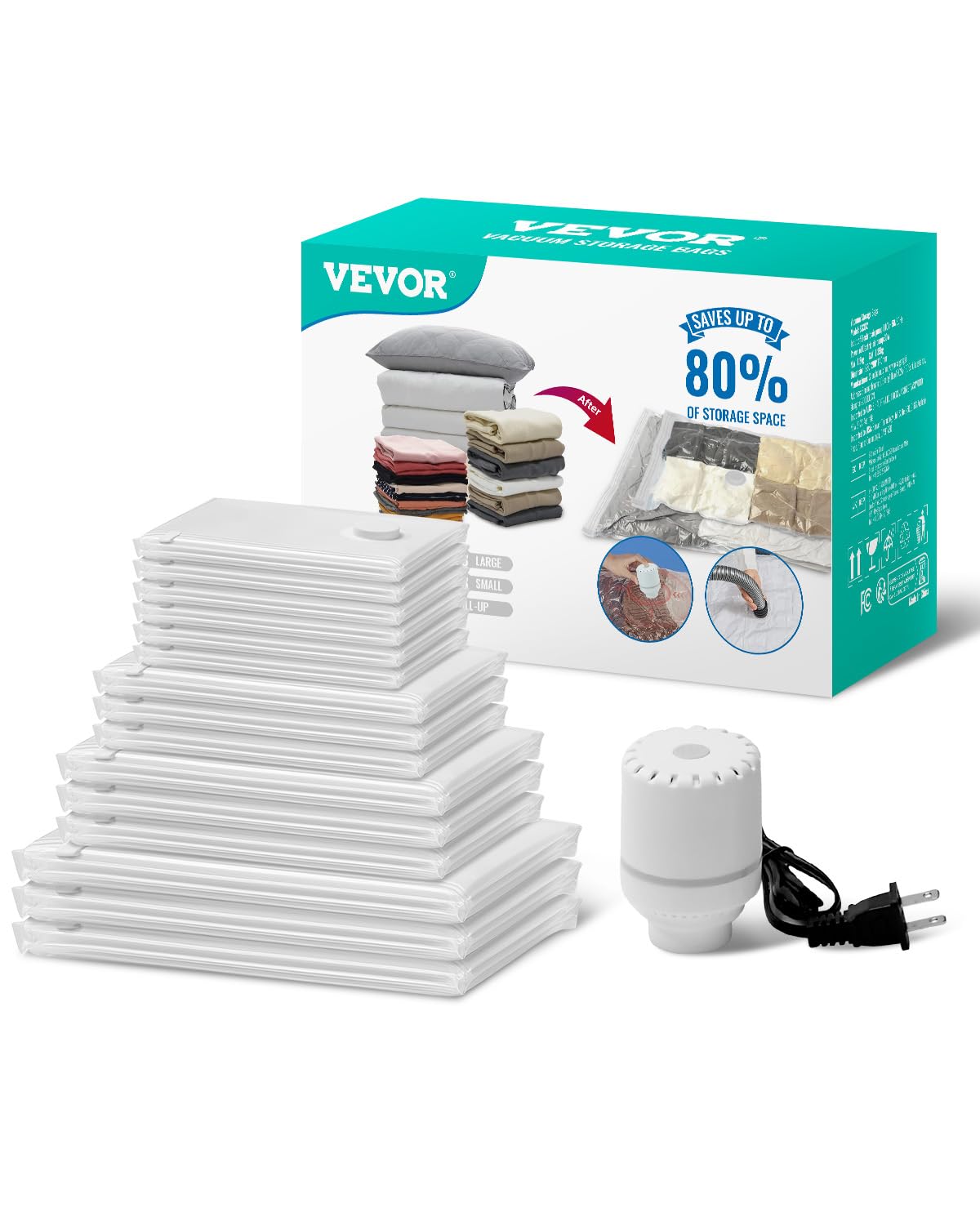 VEVOR Vacuum Storage Bags, 15 Pack Space Saver Seal Bag(3 Jumbo/3 Large/3 Medium/3 Small/3 Roll), Compression Airtight Zipper Sp