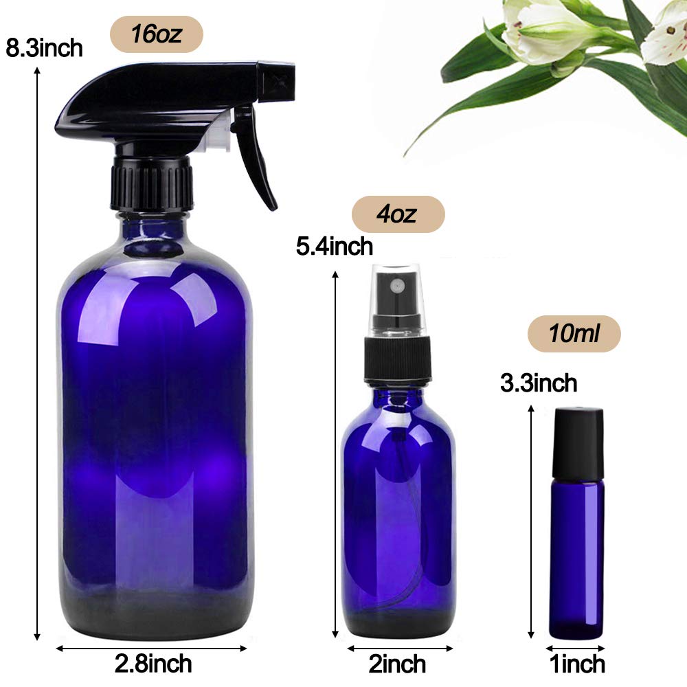 Loretoy Glass Spray Bottle Kit  10 (2  16 Oz, 2  4 Oz, 6  2 Oz), 9  10 Ml Roller Bottles, Anti Uv, Multi Size And Versatile, Sui