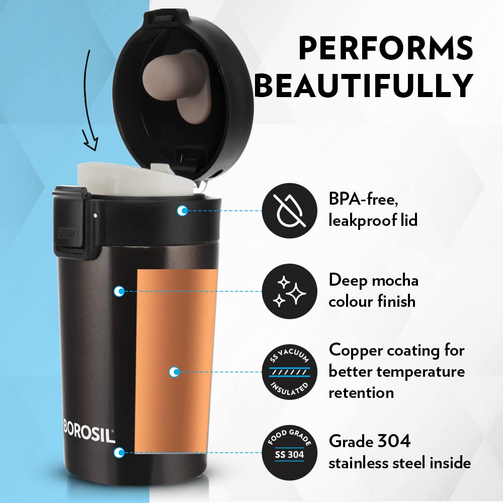 Borosil Coffeemate Insulated Mug, Vacuum Insulated Travel Coffee Mug With Lid, 8 Hours Hot And 14 Hours Cold, 300 Ml, Mocha, Sta