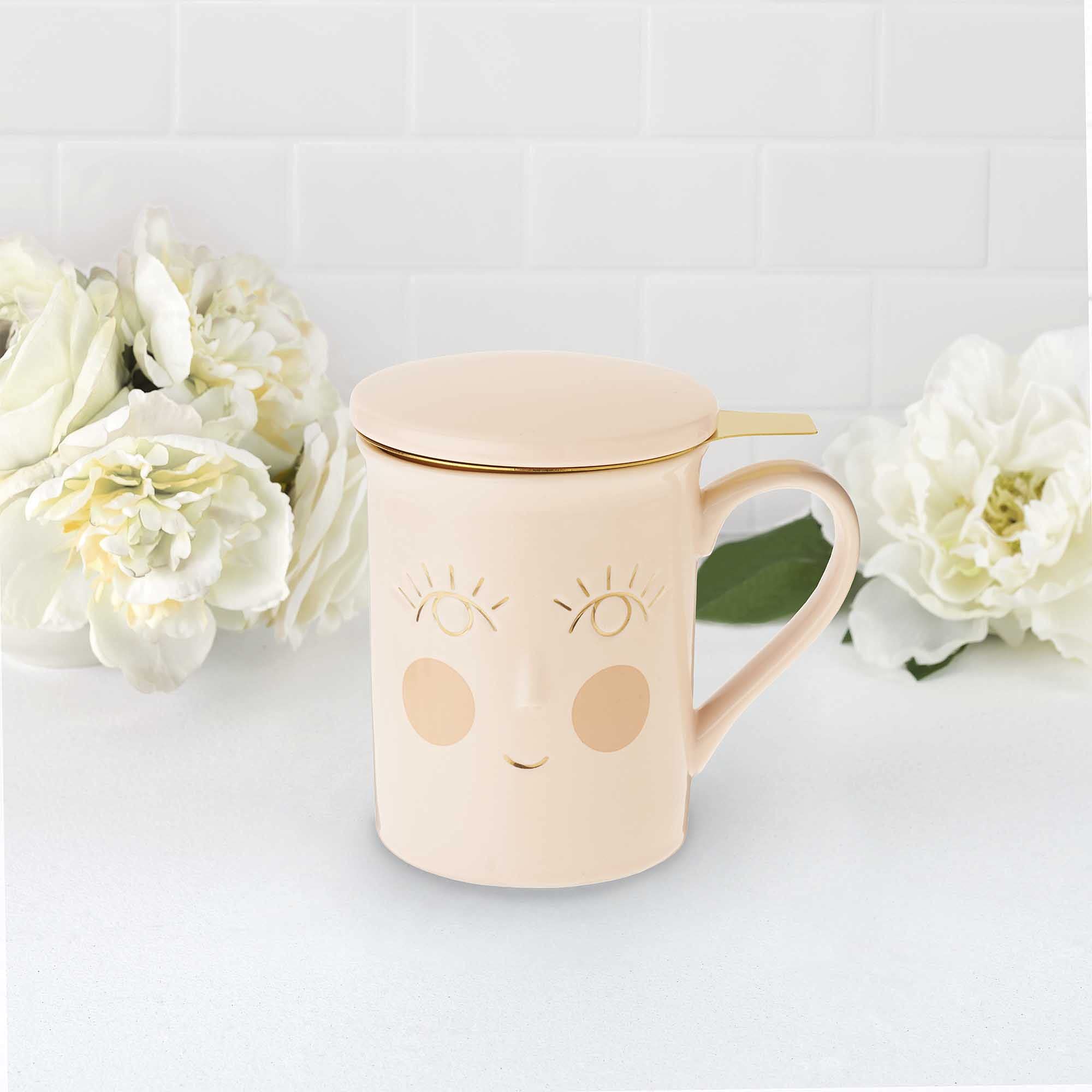 Pinky Up Annette Ceramic Tea Mug And Loose Leaf Tea Infuser, Loose Leaf Tea Accessories, Tea Tumbler Cup, Hello Beautiful, 12 Oz