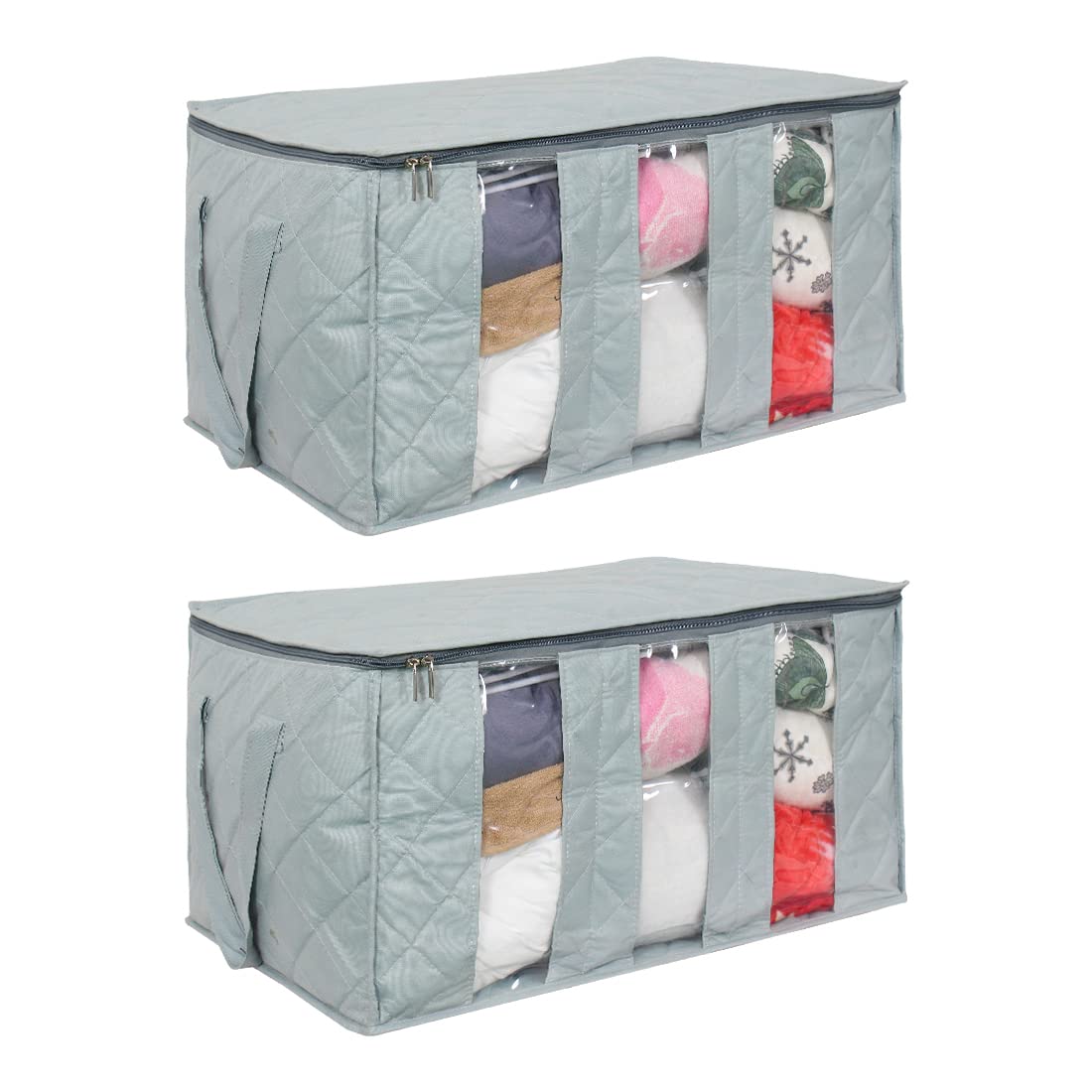 Prettykrafts Set Of 2 Non Woven Underbed Storage Bag With Handles, Clear Window, Zipper & Dividers | Quilt, Comforter & Blanket 