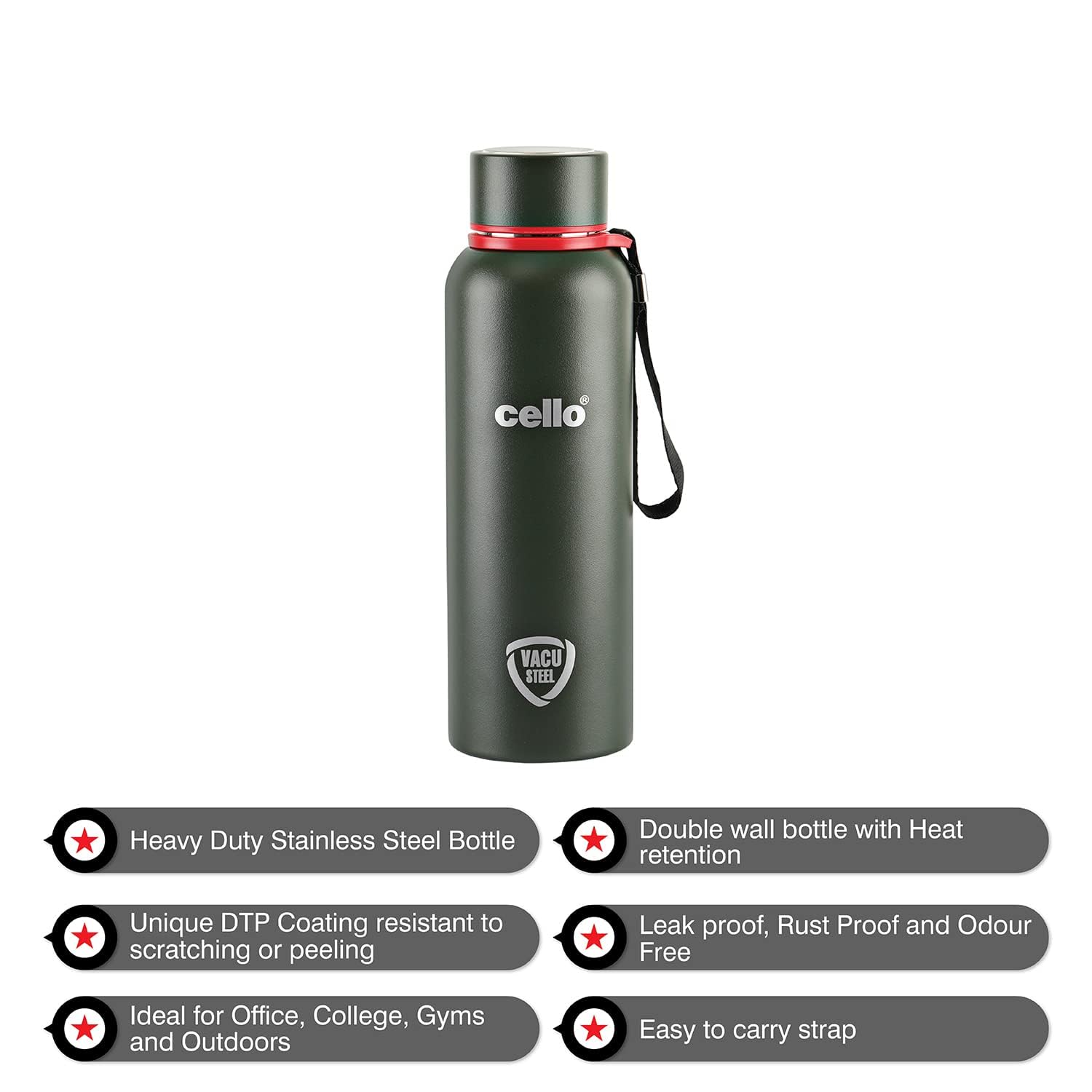 Cello Duro Kent Thermosteel Flask with DTP Coating, 750ml, Military Green | 24 Hours Hot and Cold Stainless Steel Bottle | Flask