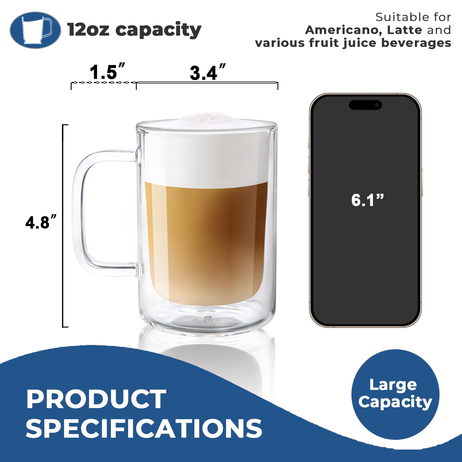 Aquach 12 Oz Double Walled Glass Coffee Mugs With Handle, 2-Pack - Ideal For Latte, Cappuccino And Tea