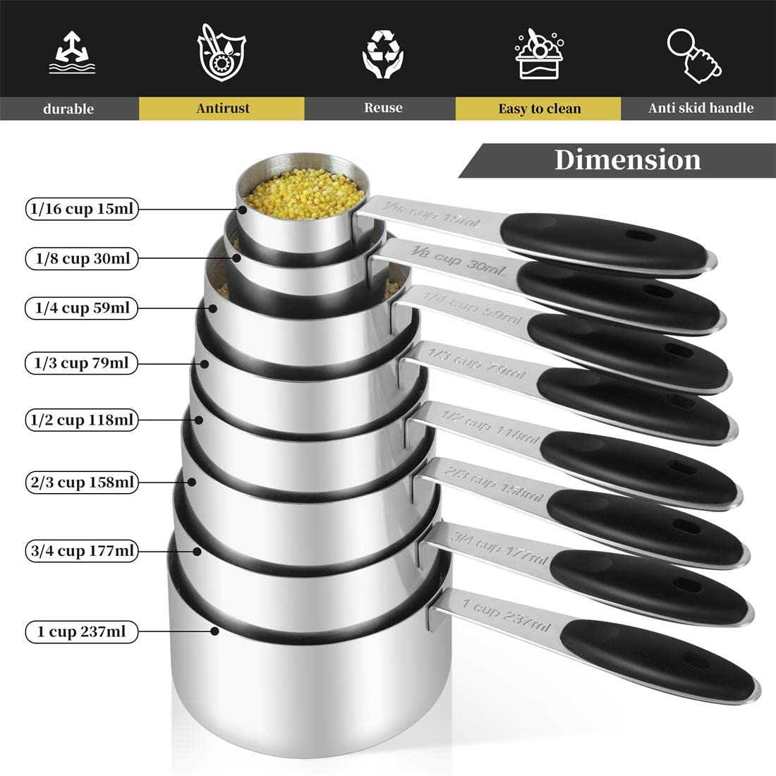 KELOFKO 16-Piece Stainless Steel Measuring Cups & Magnetic Spoons Set, Black