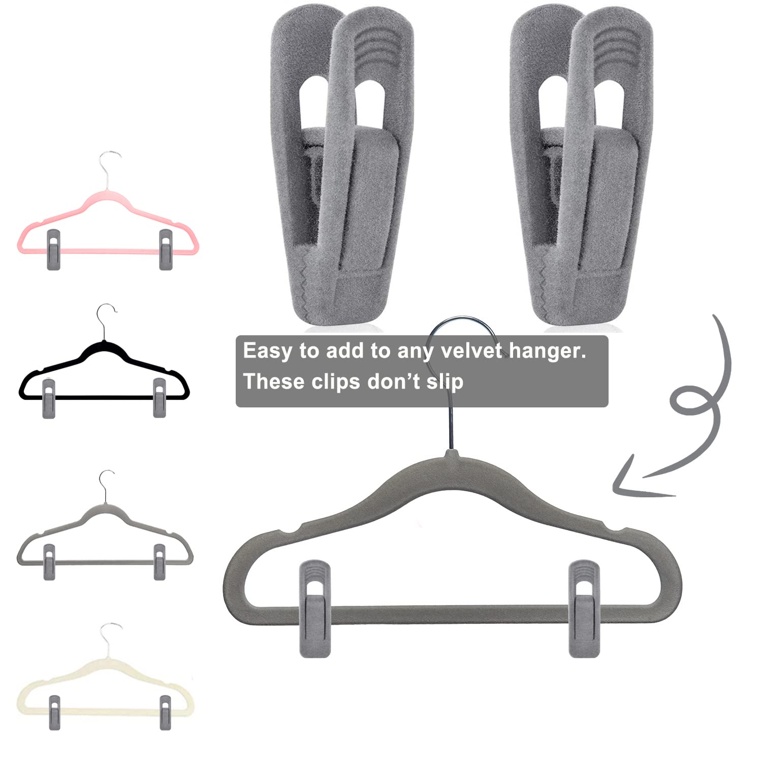 TOFIIGREM Grey Velvet Hangers Clips (50-Pack)  Non-Slip Velvet Skirt Hanger Clips for Velvet Hangers  Strong Finger Clips Perfect for Kids Velvet Hangers Skirt Pant Clothes Gray Velvet Hangers