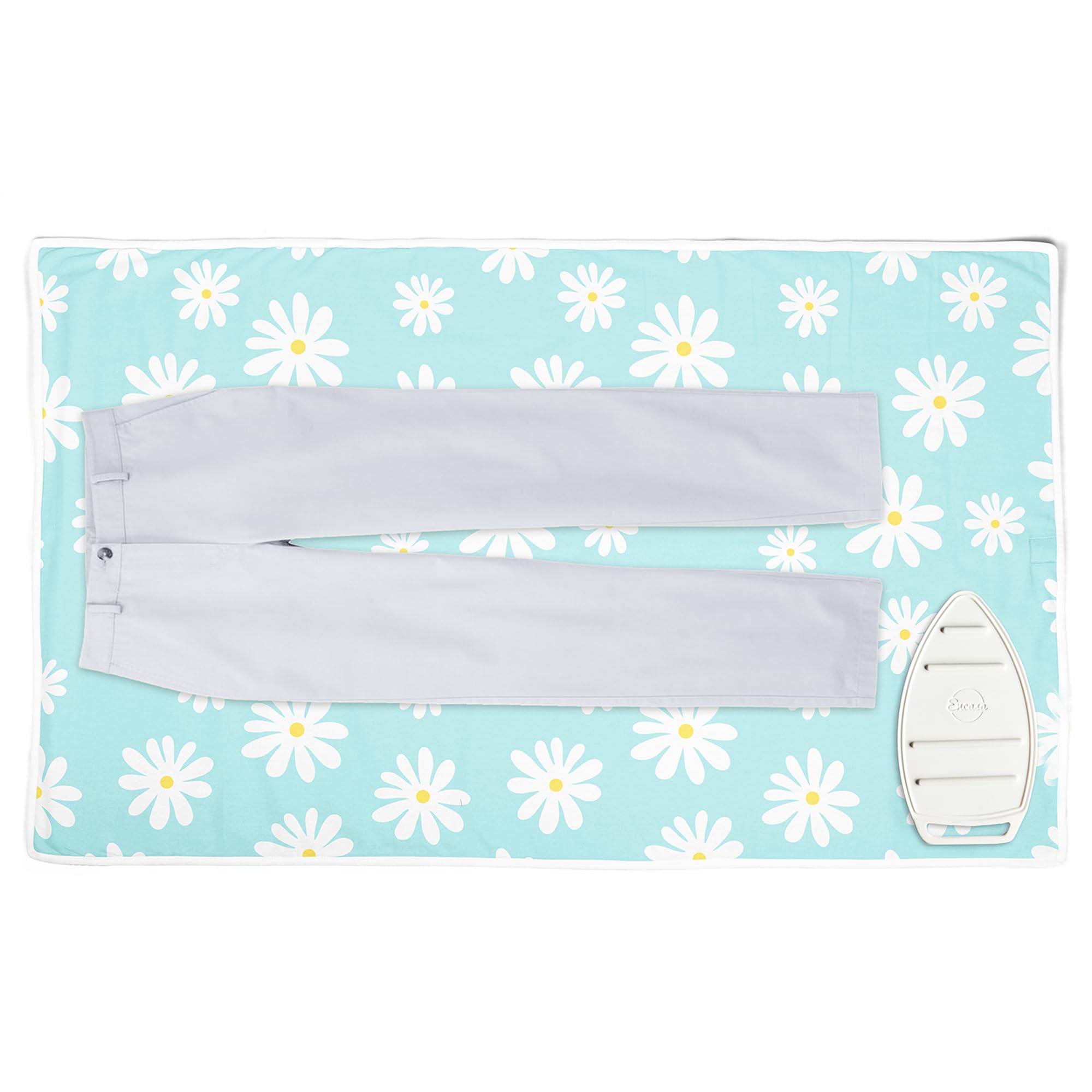 Encasa Homes Ironing Mat/Pad (Large 47 x 28 inch) with 3mm Padding & Silicone Iron Rest for Steam Pressing on Tabletop or Bed - Heat Resistant  Portable  Quilting & Travel Blanket - Daisy Blue