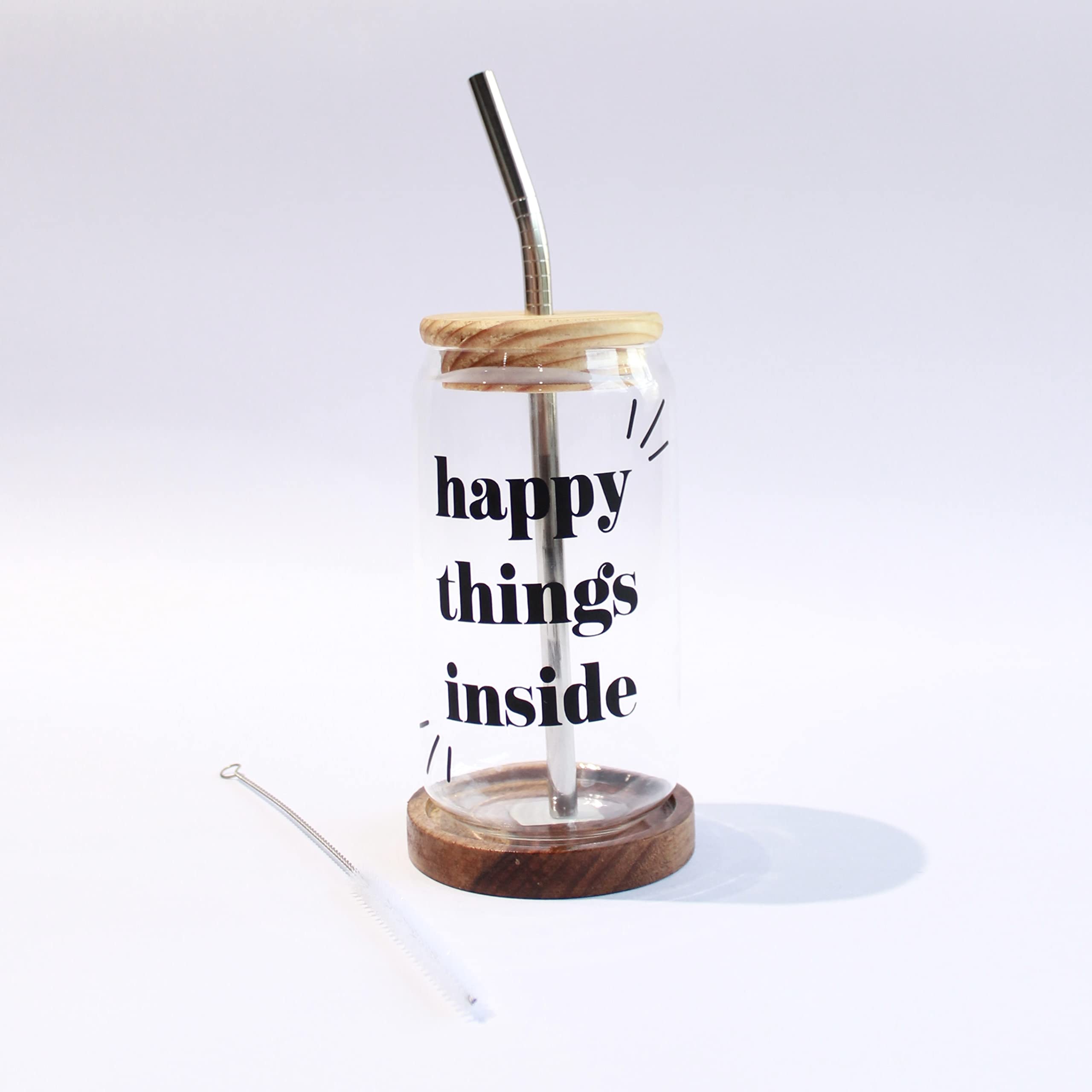 1219 AVENUE Borosilicate 500ml Can Shaped Glass Printed18oz Can Glass with lid and Straw (Happy Things Inside - Black)